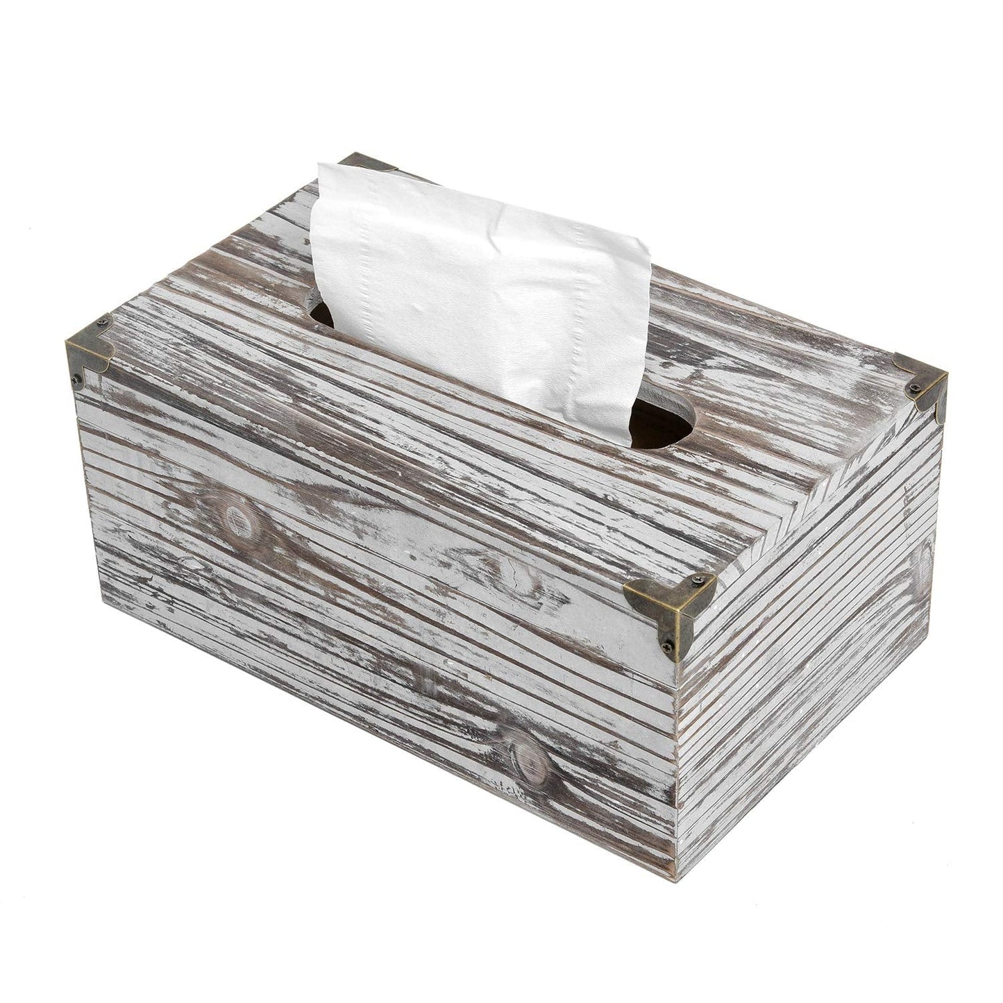 Liry Products Rustic Dark Brown Distressed Wood Facial Tissue Paper Box Metal Corner Brackets Hinge Lid Top Cover Holder Standard Size Rectangular Napkin Dispenser Bathroom Kitchen Bedroom