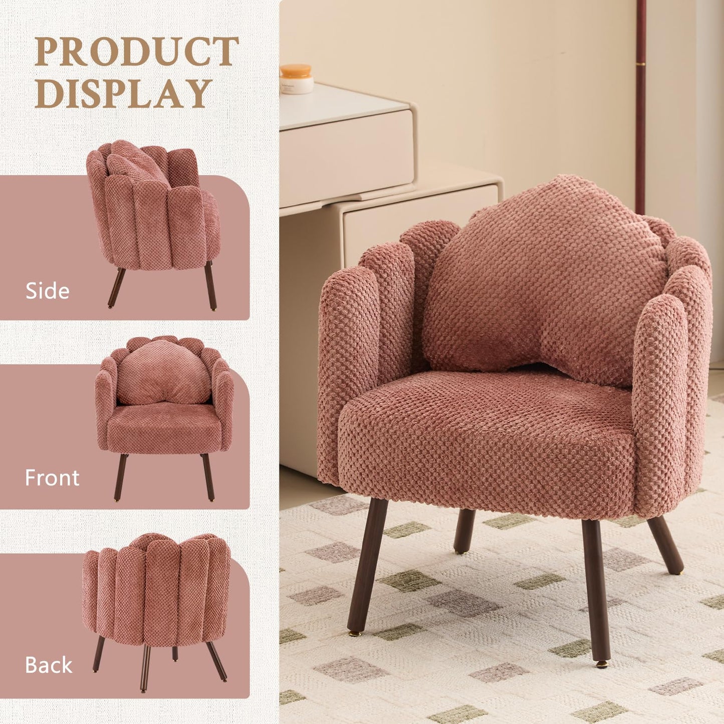Furniliving Pink Vanity Chair, Velvet Accent Chair for Living Room, Shell Chairs with Wooden Legs, Makeup Chair for Bedroom, Armchair Cute Petal Reading Chair with Pillow