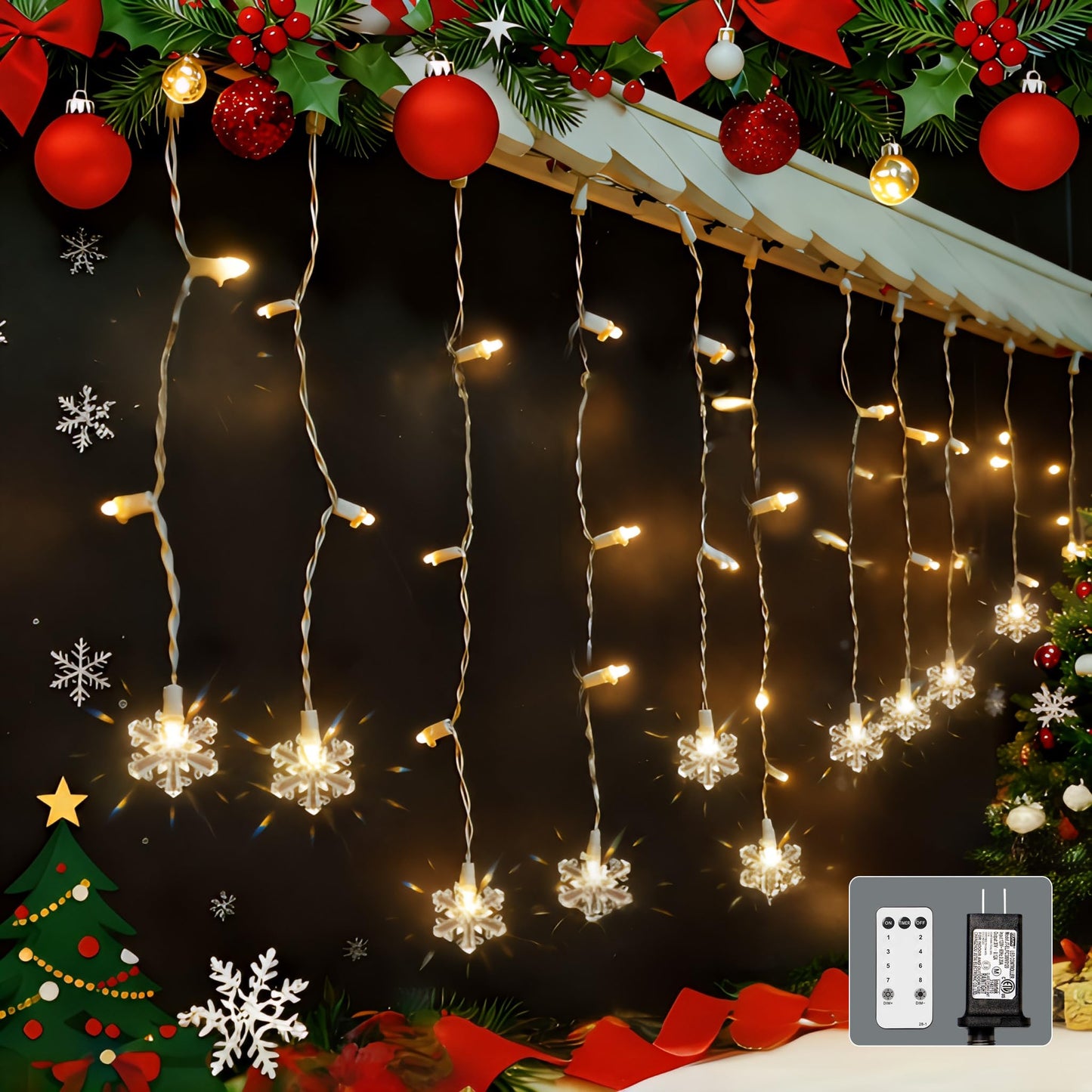 Icicle Lights for Outside 180 Clear Warm White 5MM Led 26.4ft White Wire Snowflake with 8 Mode Function Curtain String Lights Indoor Warm White and Outdoor for roof Patio Garden Bedroom (Remote)