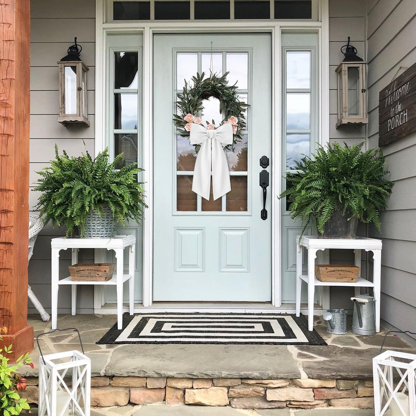 2 Pcs White Wreath Sash for Front Door Linen Wreath Ribbon Bow for Yard Porch Garland Home Decor