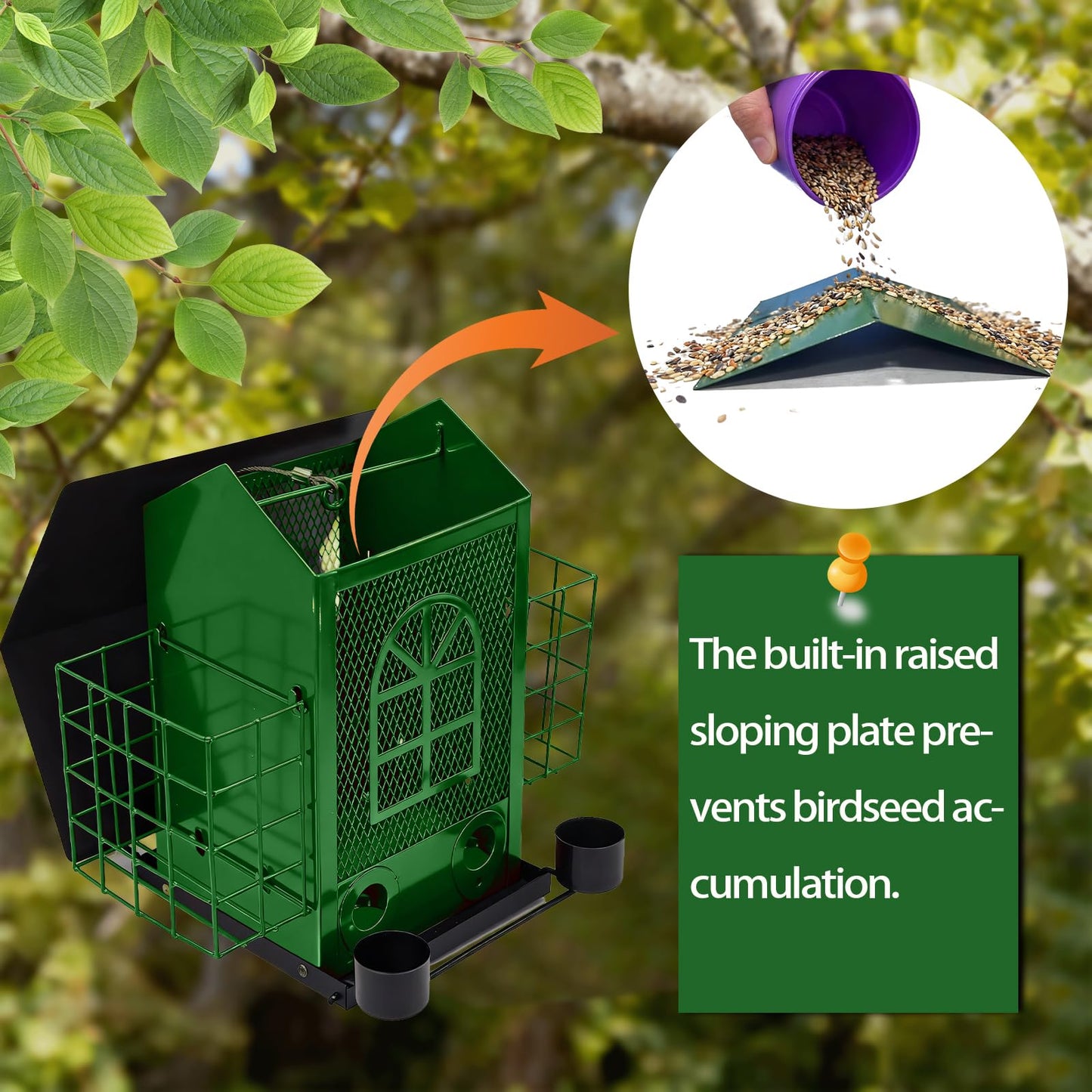QZLOHOM Outdoor Metal Hanging Bird Feeder Large Capacity Premium Wild Bird Feeder (Includes Bread Tray) Metal Mesh Design Multi-Compartment Food Storage Green (Green)