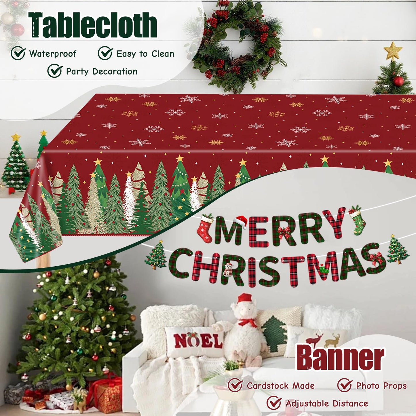 102 Pcs Christmas Tree Paper Plates and Napkins Party Decorations Merry Christmas Banner Disposable Tablecloth Dinnerware Set Red and Green Xmas Tree Party Supplies Winter Snowflake Holiday Ornament