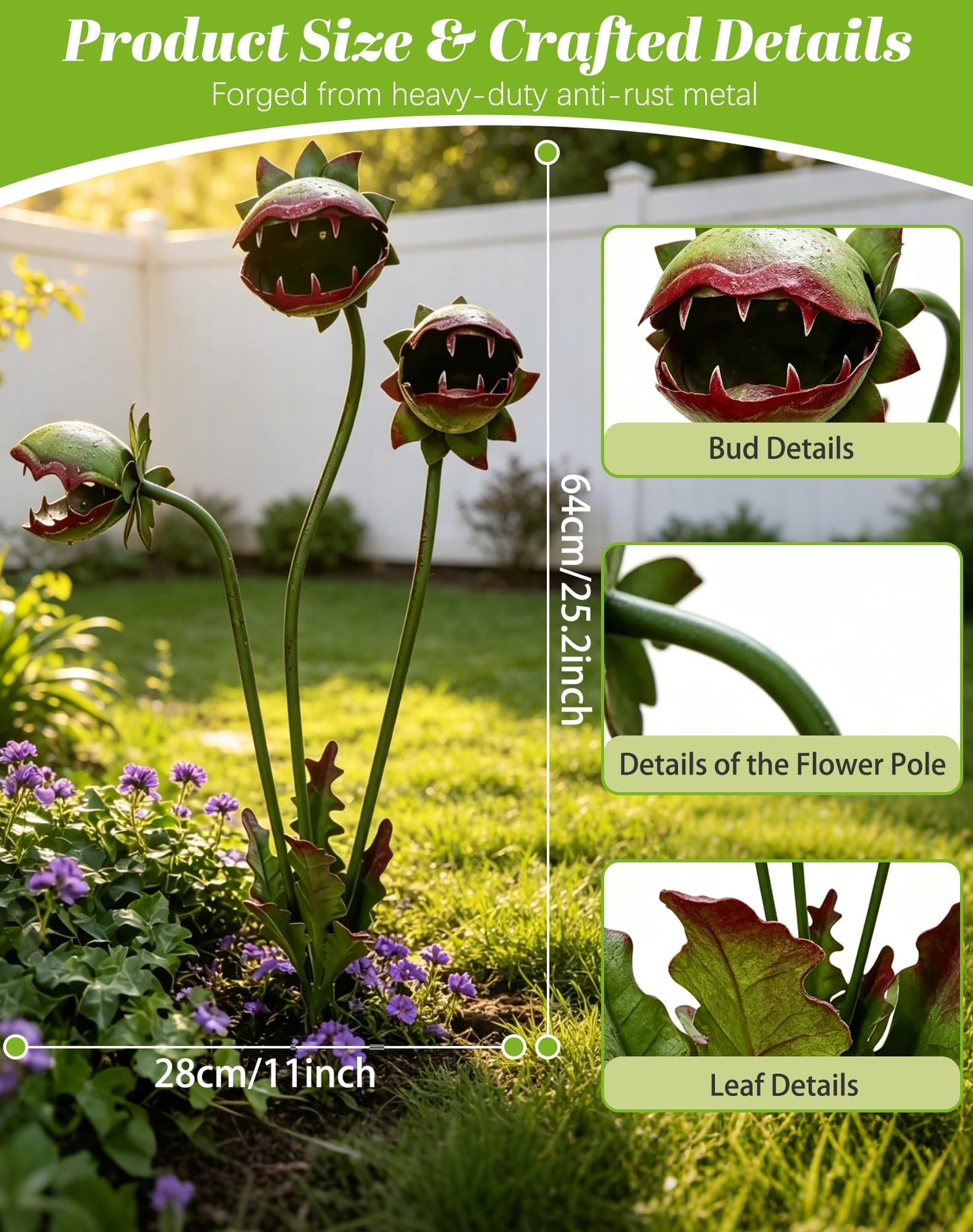 Whimsical Metal Carnivorous Plant Garden Stake, 25-Inch Large Venus Flytrap Monster Plant Sculpture, Durable Yard Art for Flower Beds, Patios & Planters, Unique Quirky Garden Gift
