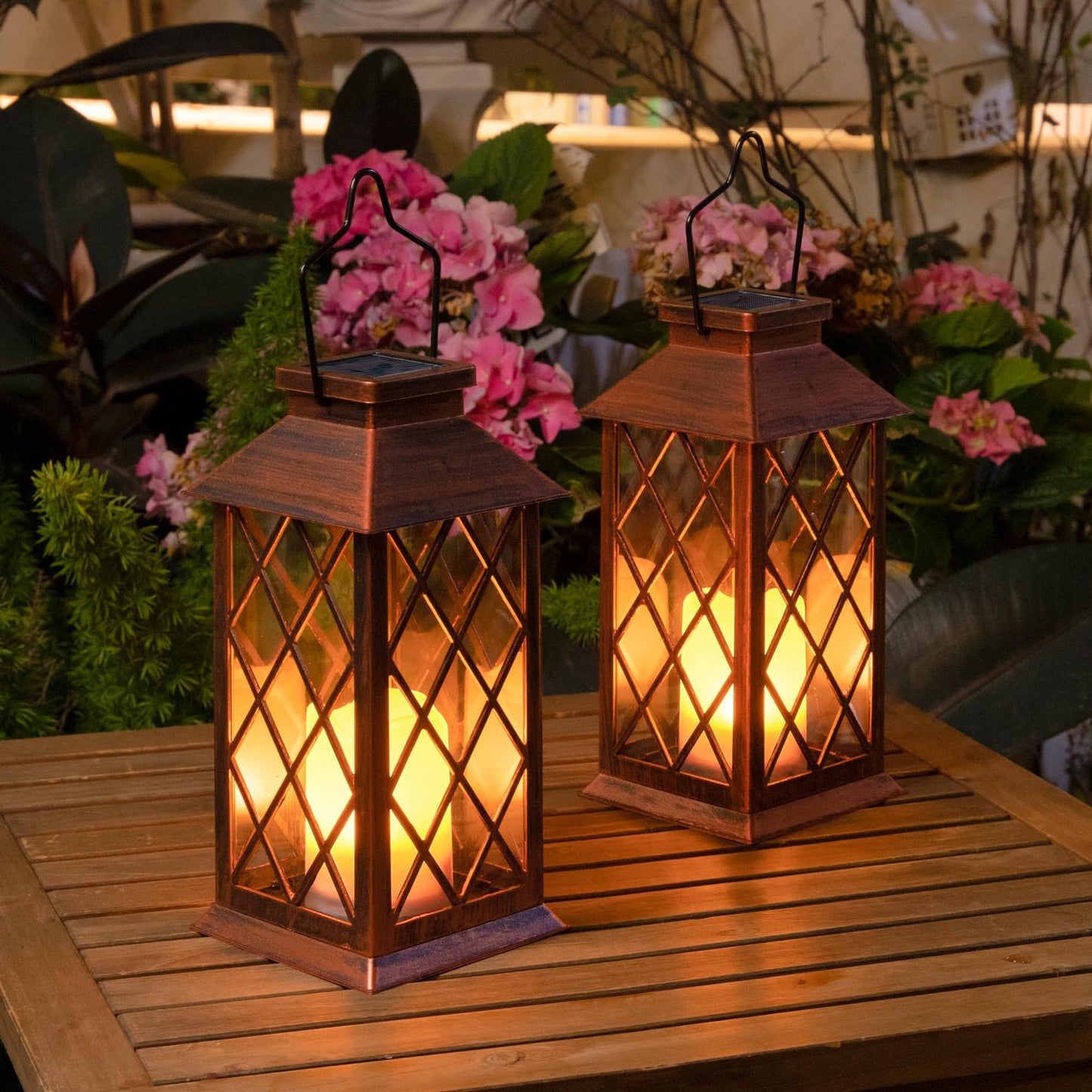 2Pack 10" Solar Outdoor Lanterns Waterproof Garden Gifts Women, Halloween Flickering Flameless Candle Mission Lights for Patio, Outdoor, Party, Yard, Lawn, Mothers' Day Gifts for Mom (Antique Copper)