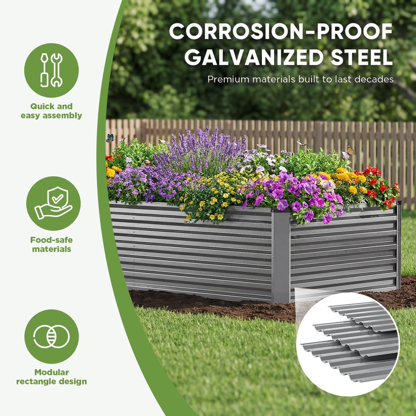 moosprr Galvanized Raised Garden Bed Outdoor, 8x4x2ft Large Raised Bed for Gardening, Metal Planter Box for Vegetables, Fruits, Flowers and Herb, Easy Assembly, Food Grade Materials, Silver