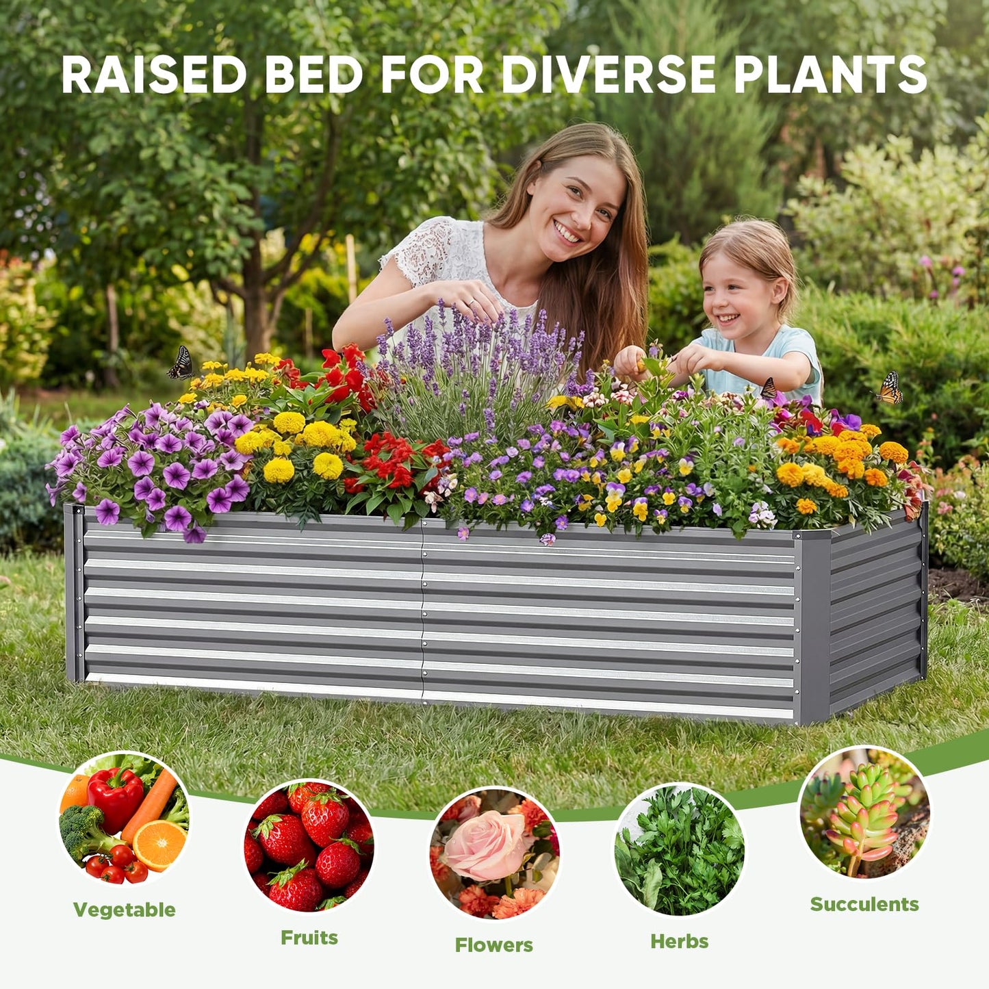 moosprr Galvanized Raised Garden Bed Outdoor, 8x4x2ft Large Raised Bed for Gardening, Metal Planter Box for Vegetables, Fruits, Flowers and Herb, Easy Assembly, Food Grade Materials, Silver