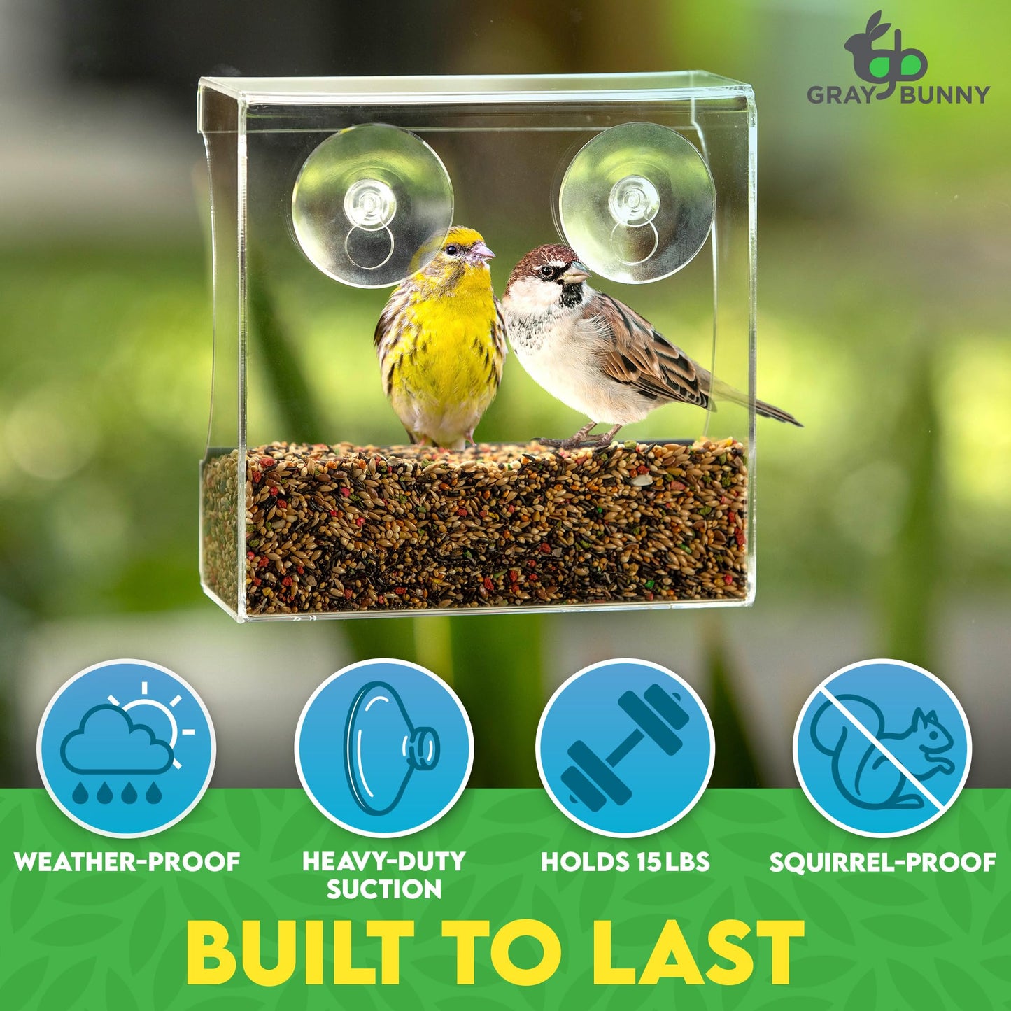 Clear Window Bird Feeder - Premium Bird Feeder for Outdoors with Strong Suction Cups with Drain Holes and Large Seed Capacity