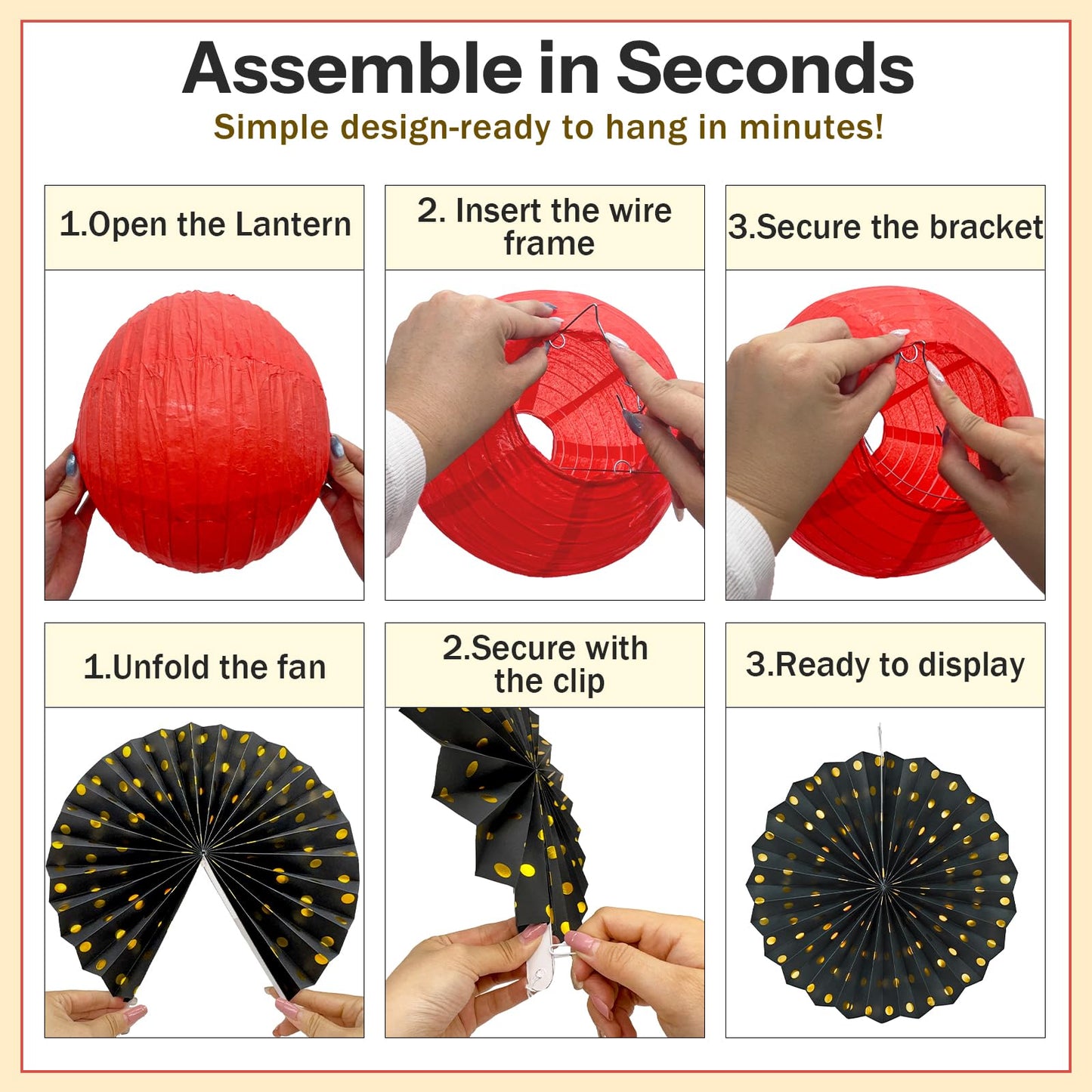 14 Pack Red Black and Gold Party Decorations Kit, Hanging Paper Lanterns & Fans for Casino Night, Red Carpet, Hollywood Theme Party, Game Night, Hibachi Party and Graduation