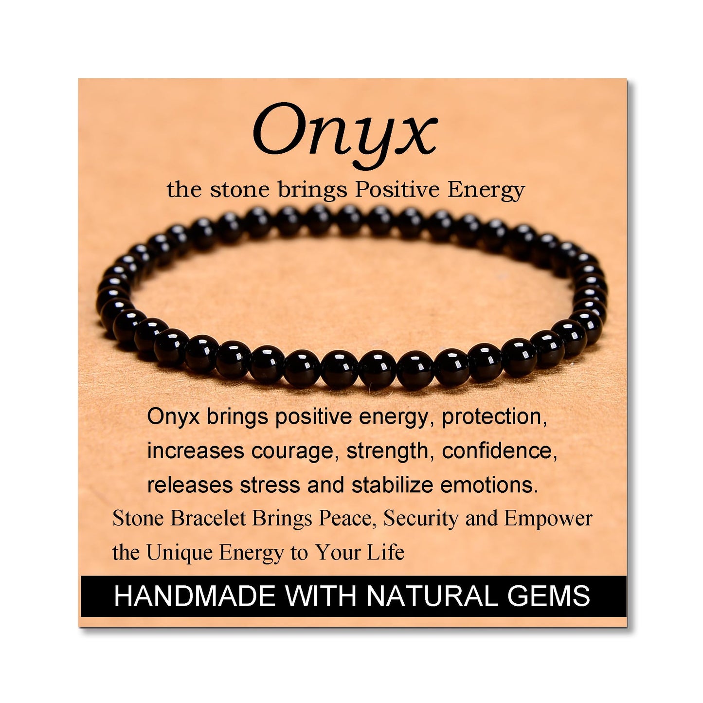 MASSIVE BEADS Black Onyx - Stone of Positive Energy - Handmade Yoga Stretch Elastic Bracelet Natural Stone Crystal Healing Power Energy Gifts for Unisex Adult 4mm