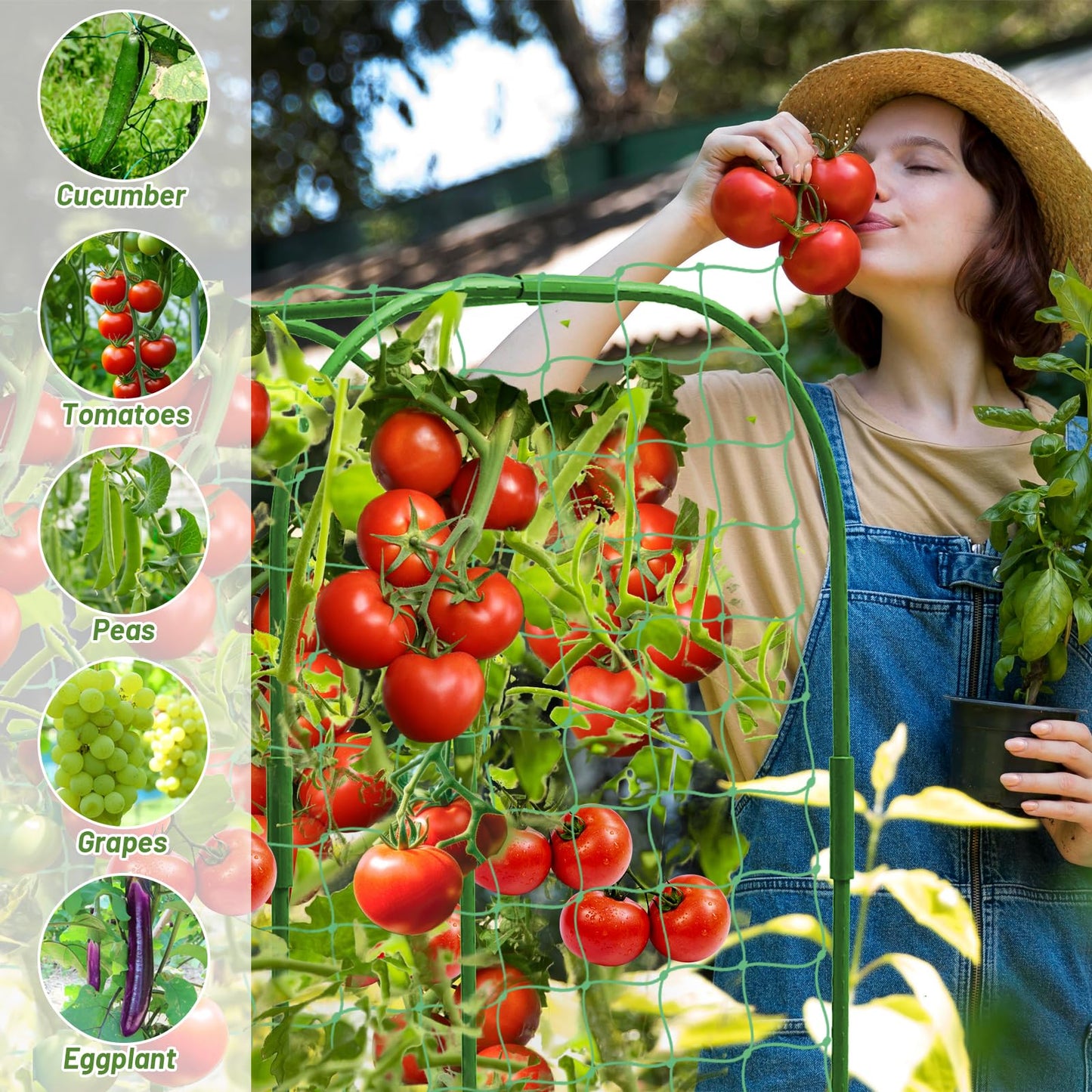U-Shape Cucumber Trellis with Fabric Raised Garden Bed 65x50 Inch Metal Garden Arch Trellis with Net, Climbing Plants Vegetables Heavy-Duty Outdoor Plant Support for Pea, Grape, Squash, Tomatoes
