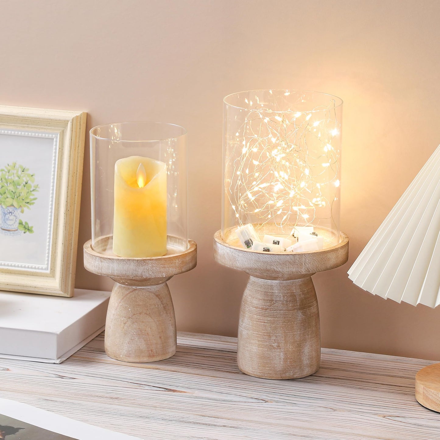 4" & 5" Glass Hurricane Candle Holders with Distressed Brown Solid Wooden Base in Set of 2, Decorative Centerpiece for Home, Coffee Table, Fireplace Mantel, Wedding, Modern Farmhouse Style