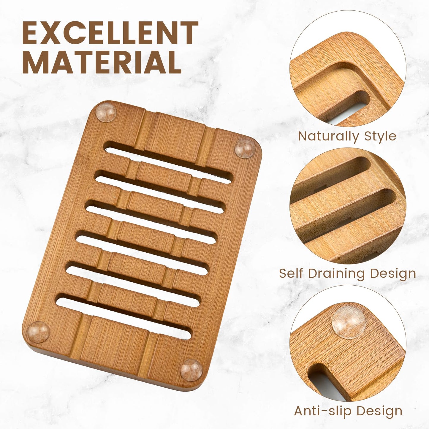 2PCS Self Draining Soap Holders, Rustic Slotted Bamboo Dish Tray, Easy Cleaning Wooden Soap Dish for Shower, Bathroom, Kitchen Sponges, Bath Tub, Packed in A Case (Acacia Style)