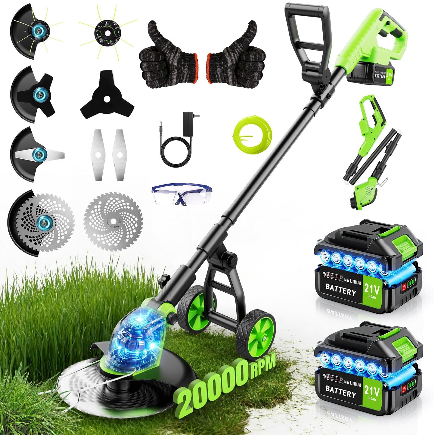 20000 RPM Electric Weed Eater Battery Powered 6000mAh, 12″ Brushless Electric Weed Wacker Cordless Wheeled Edger Trimmer, 4-in-1 Brush Cutter Heavy Duty/String Trimmer/Lawn Mower Edger, 2 Battery Tool