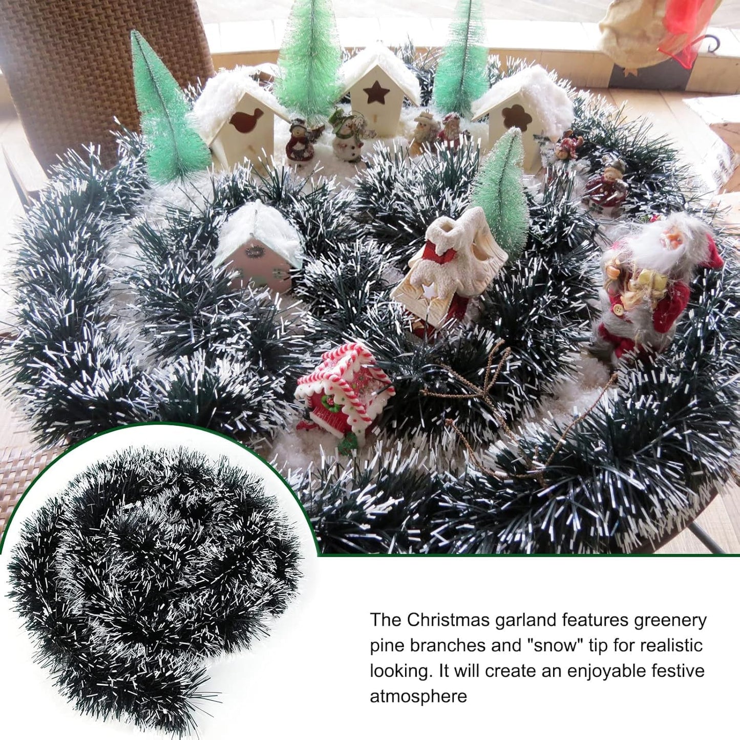 32.8 Ft Christmas Tinsel Garland, Dark Green Garland-Thick White Snow Metallic Garland for Christmas Tree, Wedding Birthday Xmas Disco Holiday Party