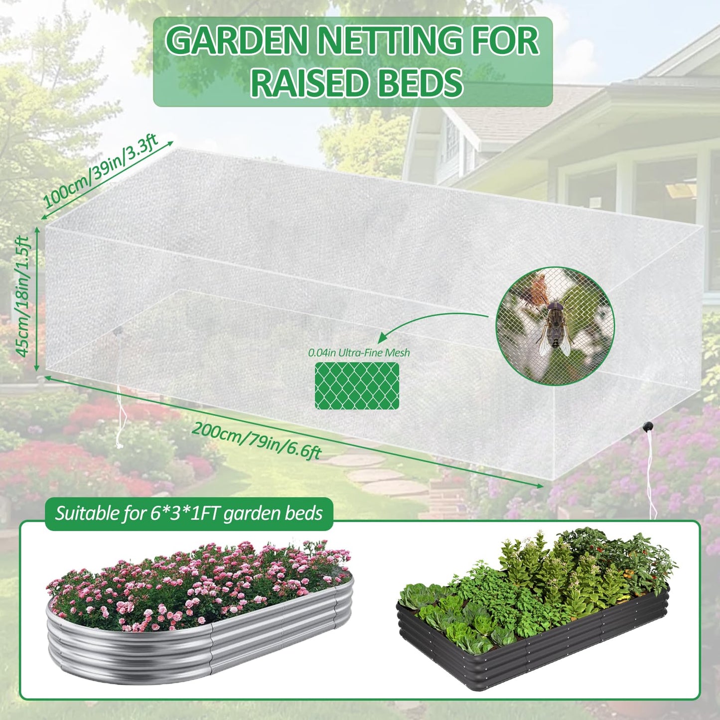 Sunwinx 2 Pack Garden Netting for Raised Beds, 6x3FT Raised Bed Cover for Garden Protection, Ultra Fine Mesh Bird Netting Pest Barrier Screen with Drawstring for Protecting Vegetables Fruits Flowers