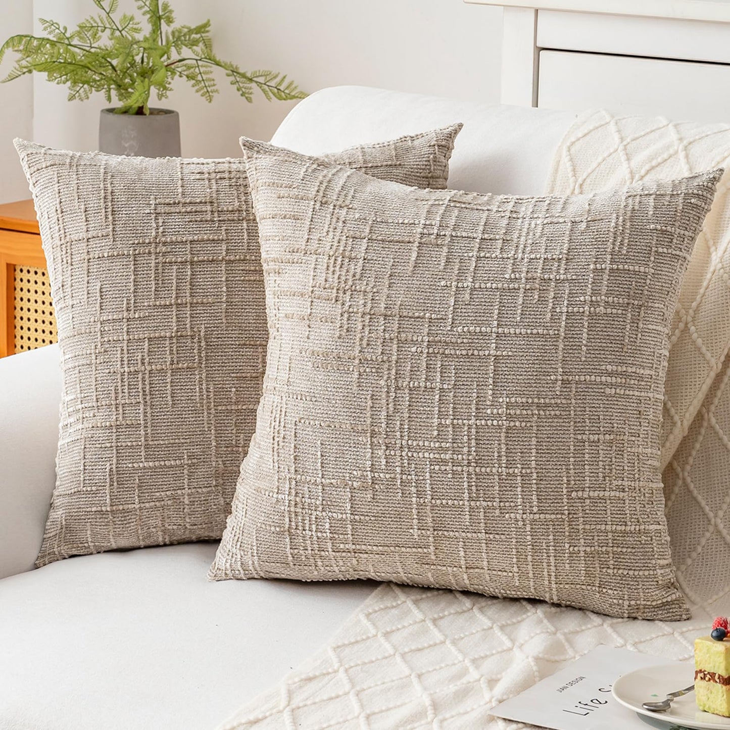 ZSkogur Decorative Throw Pillow Covers 18x18 Inch Set of 2, Soft Solid Farmhouse Chenille Couch Pillows, Spring Pillow Covers for Couch Sofa Bed Living Room Home Decor Pillowcase, Light Khaki