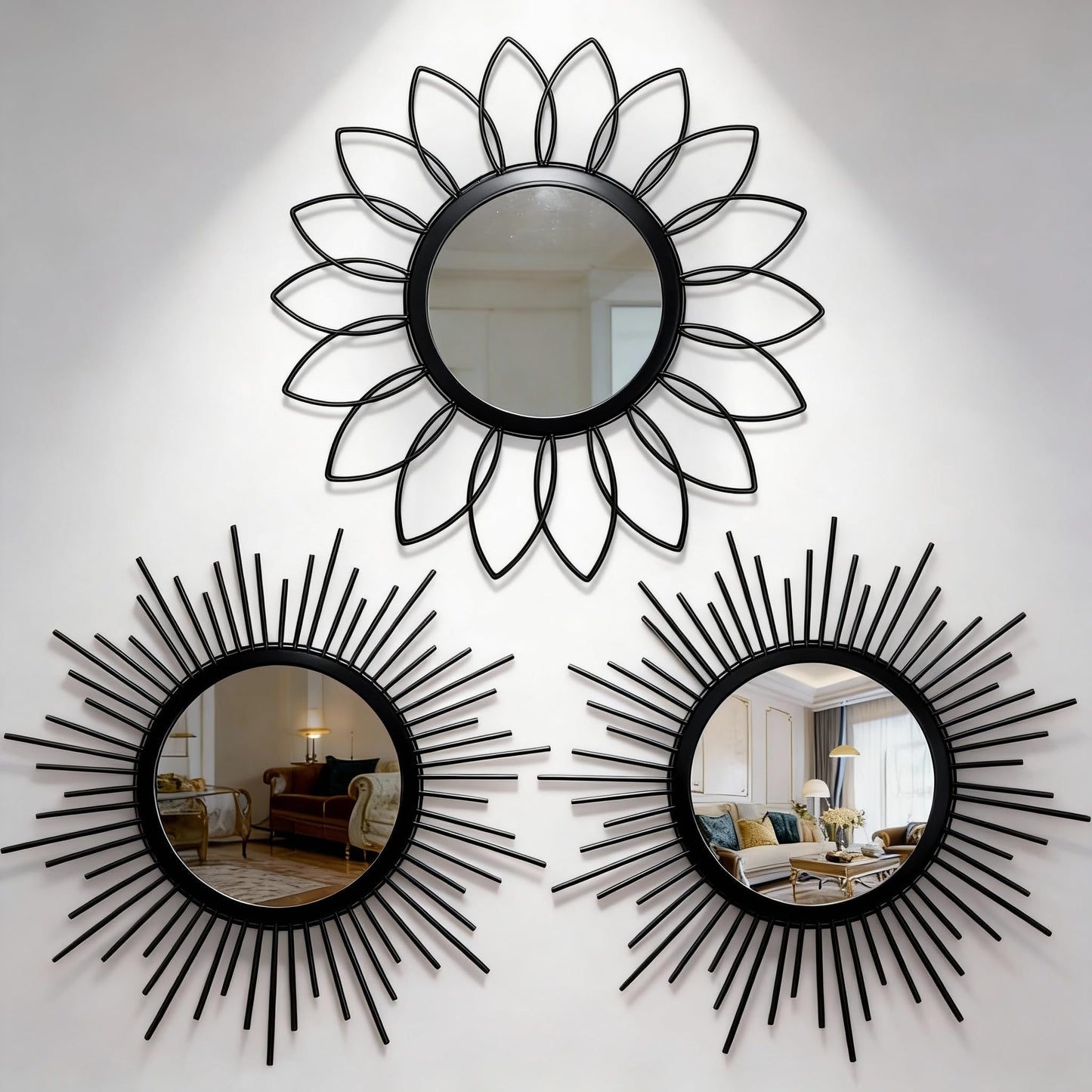 HMANGE Set of 3 Black Metal Sunburst Wall Mirrors - 12" Round Decorative Art for Living Room Bedroom Bathroom Entryway, No Assembly Required, Rust Resistant Design