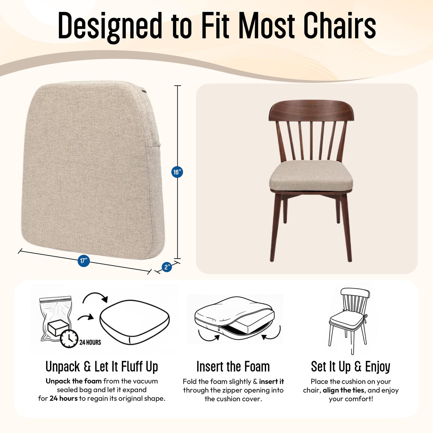 KVENLAND CO Chair Cushions for Dining Chairs - 17" x 16" x 2" D-Shaped Indoor Seat Cushions - Non Slip Chair Pads with Removable Ties and Washable Cover Set of 4 - Chair Leg Pads Included - Beige