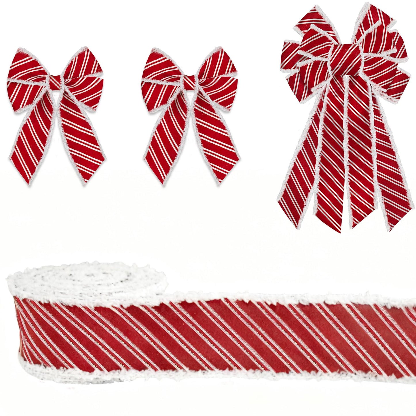 On-Airstore Christmas Fabric Ribbon 25 Yards Red White Stripe Ribbons Wired Velvet Edge Xmas Glitter Burlap Decor Ribbon for Christmas New Year Party Gift Wrapping Craft Hanging Decoration Supplies