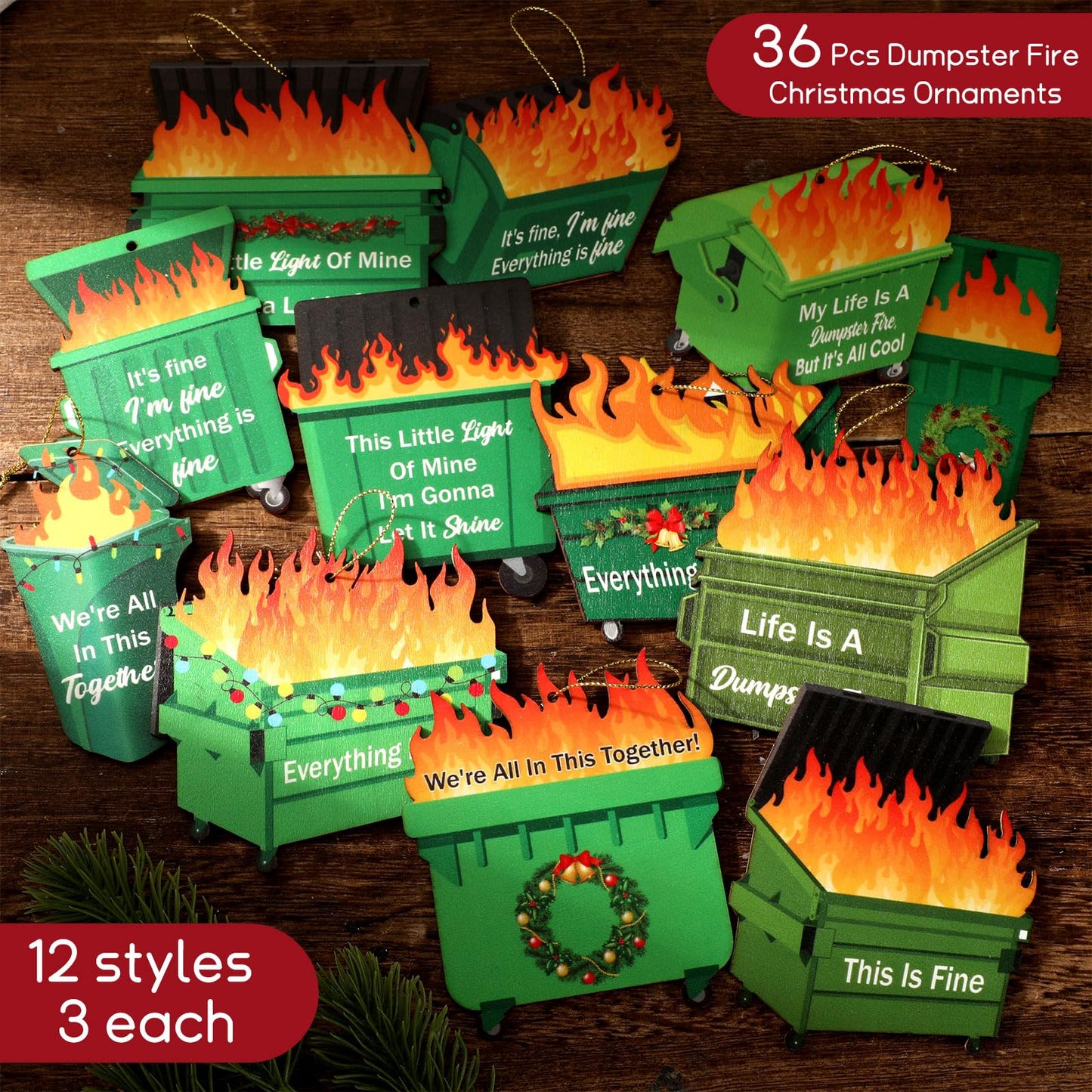 Vercraft 36 Pcs Dumpster Flame Christmas Ornaments 2026 Its Fine Im Fine Everything is Fines Funny Wooden Christmas Hanging Ornaments for Xmas Tree Holiday Decorations