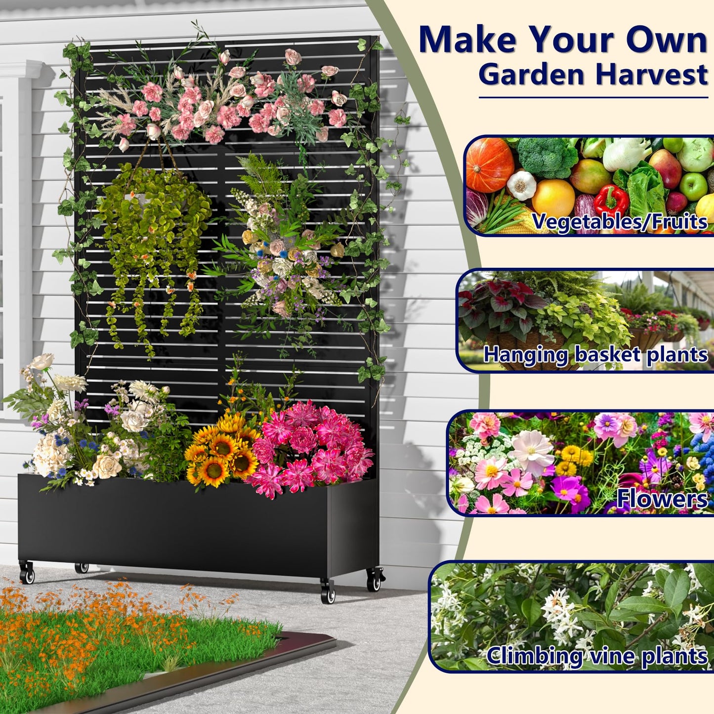 Metal Planter Box with Trellis,72"x47"x16"Galvanized Steel Outdoor Raised Garden Bed with Privacy Screen,with Drainage Holes & Lockable Casters for Climbing Plants,Vegetables,and Vines(Black-BYC)