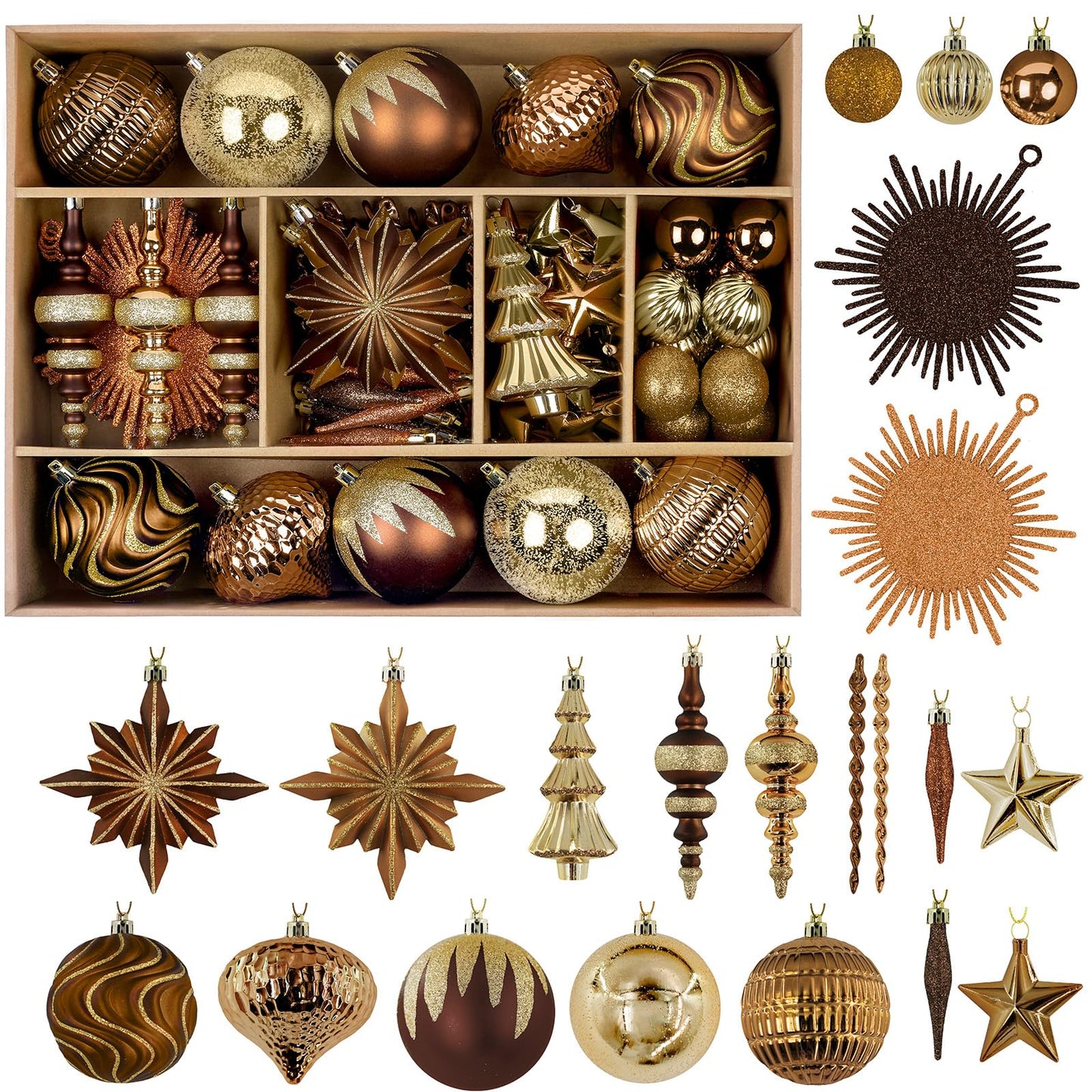 SHareconn 80pcs Christmas Balls Ornaments Set, Contemporary Luxury Gift Set, Shatterproof Plastic Bronze Decor for Xmas Tree Holiday Wedding Party Decorations with Hanging Strings, Brown Copper Gold