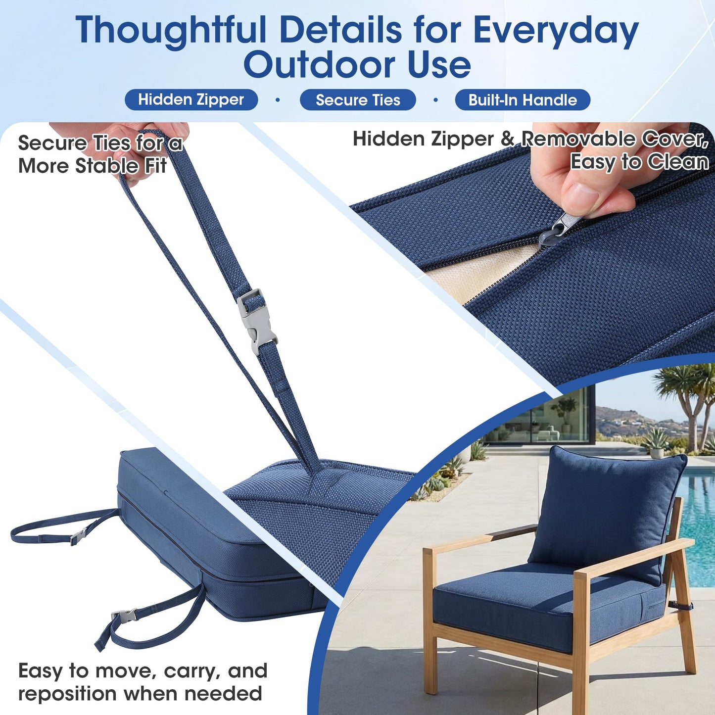 Domvaranique Patio Furniture Cushion Set, 24 x 24 x 6 Extra Thick Deep Seat Outdoor Chair Cushions for Patio Furniture, Olefin Replacement Set, Water Resistant, Removable Cover, Ties and Handle, Blue