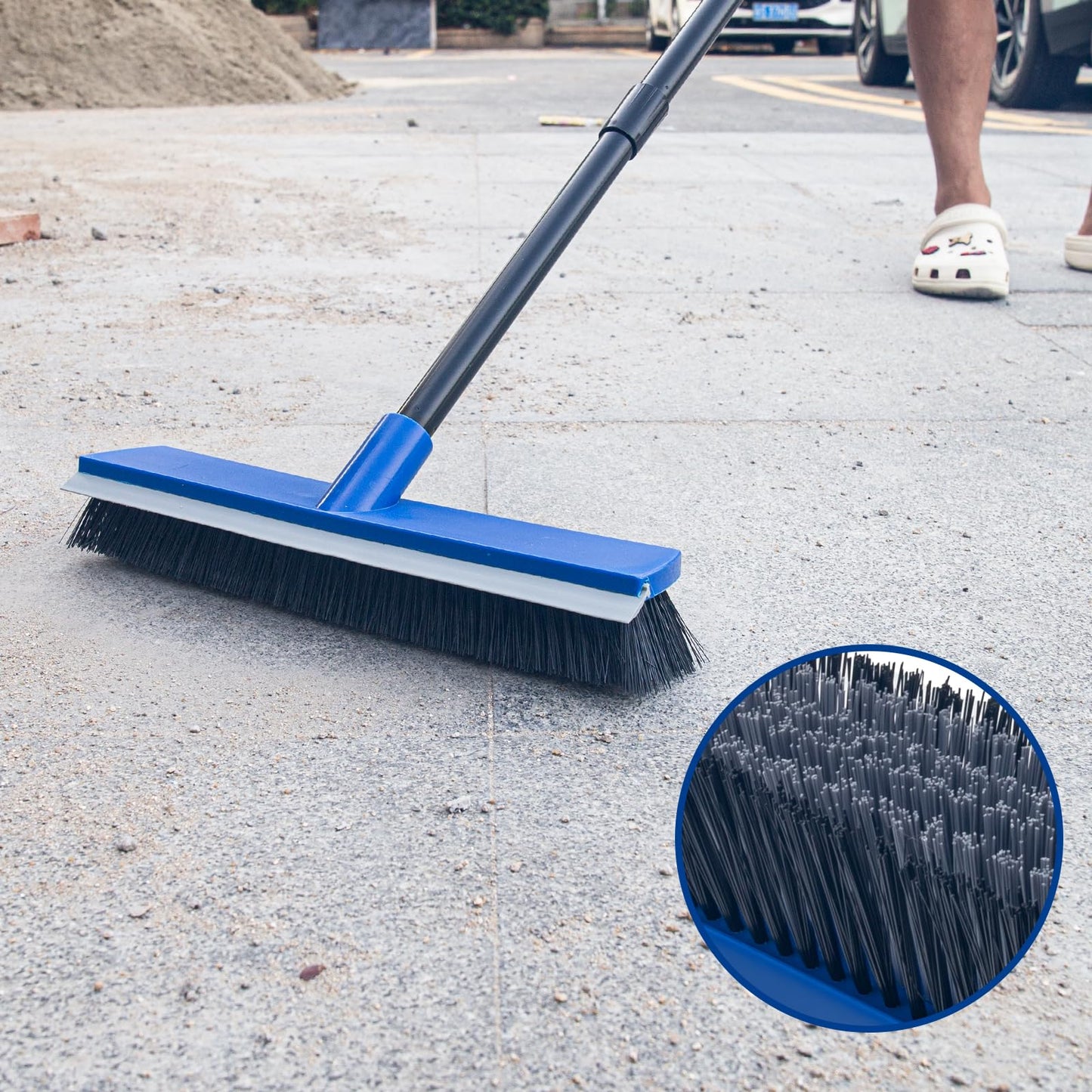 16 Inch 2-in-1 Squeegee Push Broom Outdoor Deck Brush 58" Long Handle for Patio Garage Warehouse Driveway Concrete Floor Cleaning Scrubbing(Blue)
