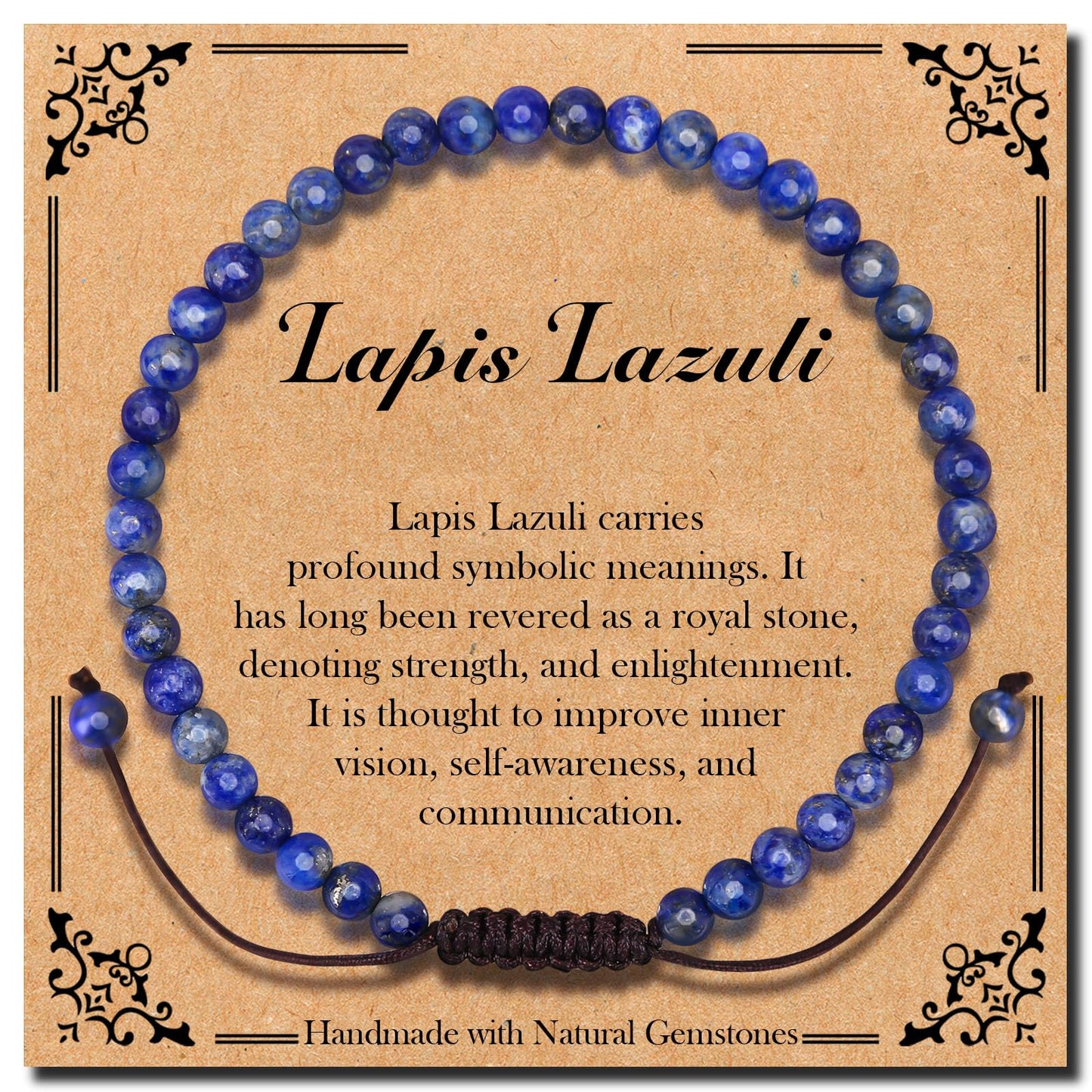 BONNY BOXX Braided Genuine 4mm Lapis Lazuli - Stone of Wisdom - Bracelet, Elegant Handcrafted Natural Gemstone Crystal Bracelet Healing Power Energy Inspirational Gifts with Card for Unisex