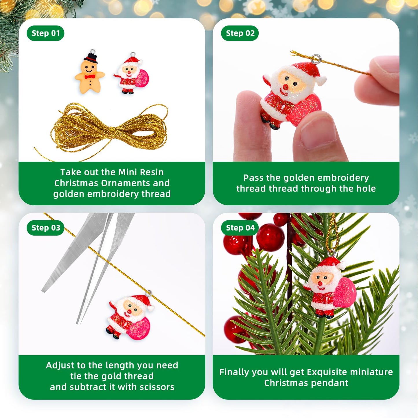 Thuodo 48PCS Mini Resin Christmas Ornaments Set, Tiny Hanging Decorations with String for Christmas Tree Decor