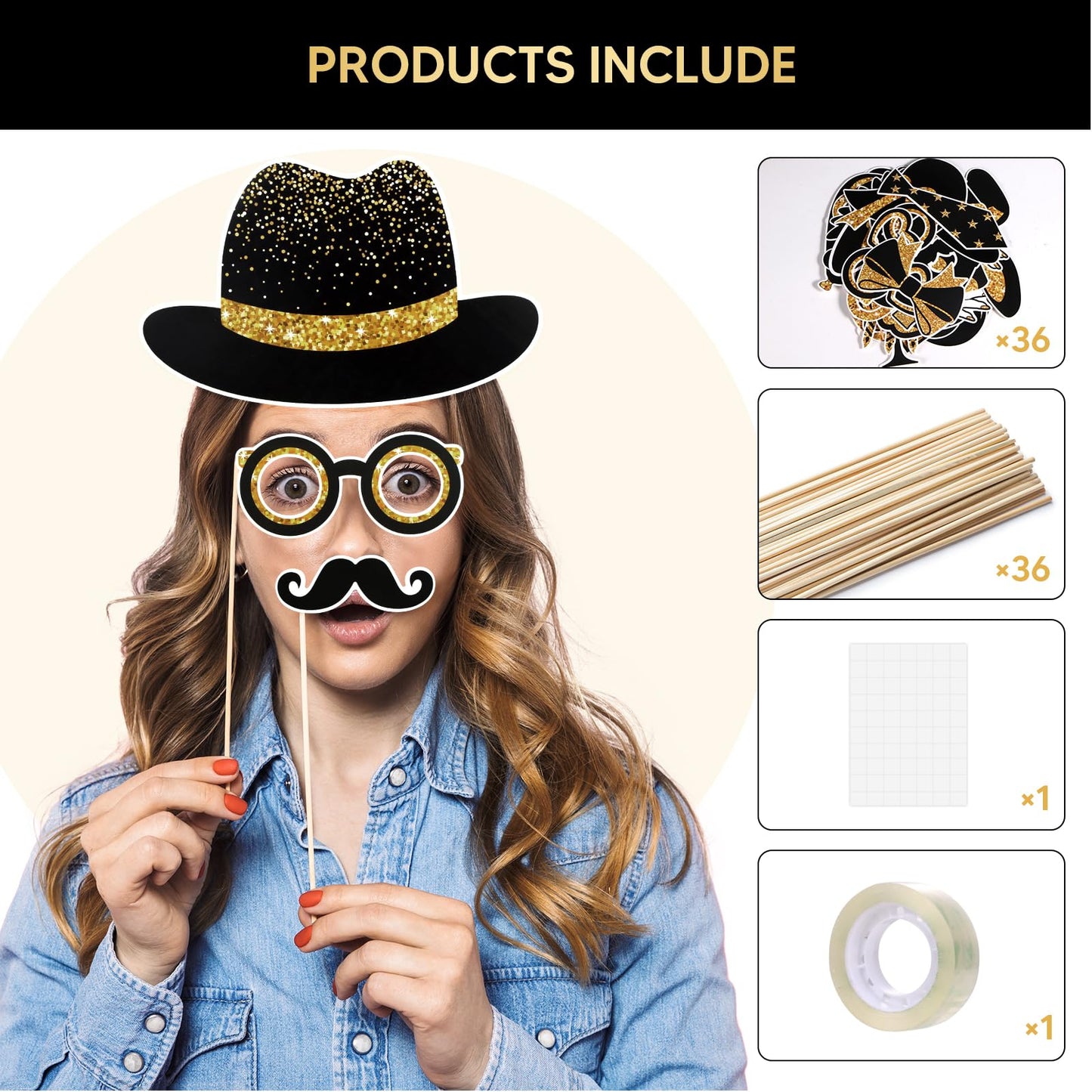 36PCS Black and Gold Photo Booth Prop, Birthday Party Photo Booth Props for Photoshoot Birthday Party Photobooth New Year Graduation Anniversary Party Supplies Black and Gold Graduation Decorations