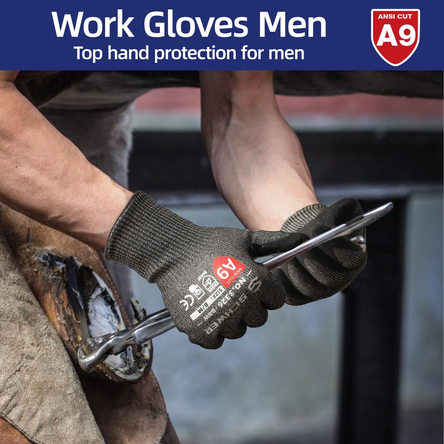 Schwer ProGuard High Level Cut Resistant Work Gloves PR3326 for Extreme Protection，ANSI A9 Cut Gloves with Reinforced Thumb, Non Slip, Breathable, Durable, Touch-screen, Black 1 Pair（L）
