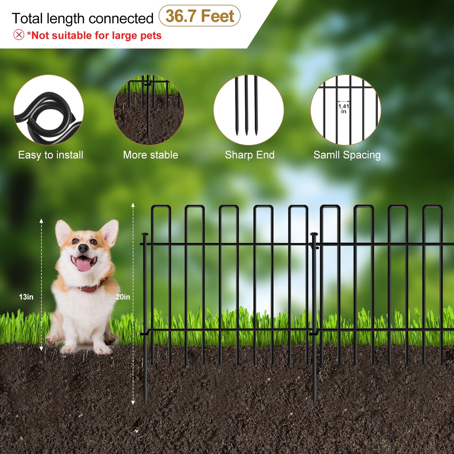 26 Panels No Dig Animal Barrier Fence, 13in(H) x 37ft(L) Garden Edging Border Fencing, Rustproof Metal Stakes Decorative Garden Fence, Dog Digging Defense Fencing Barrier for Outdoor, Yard, Patio