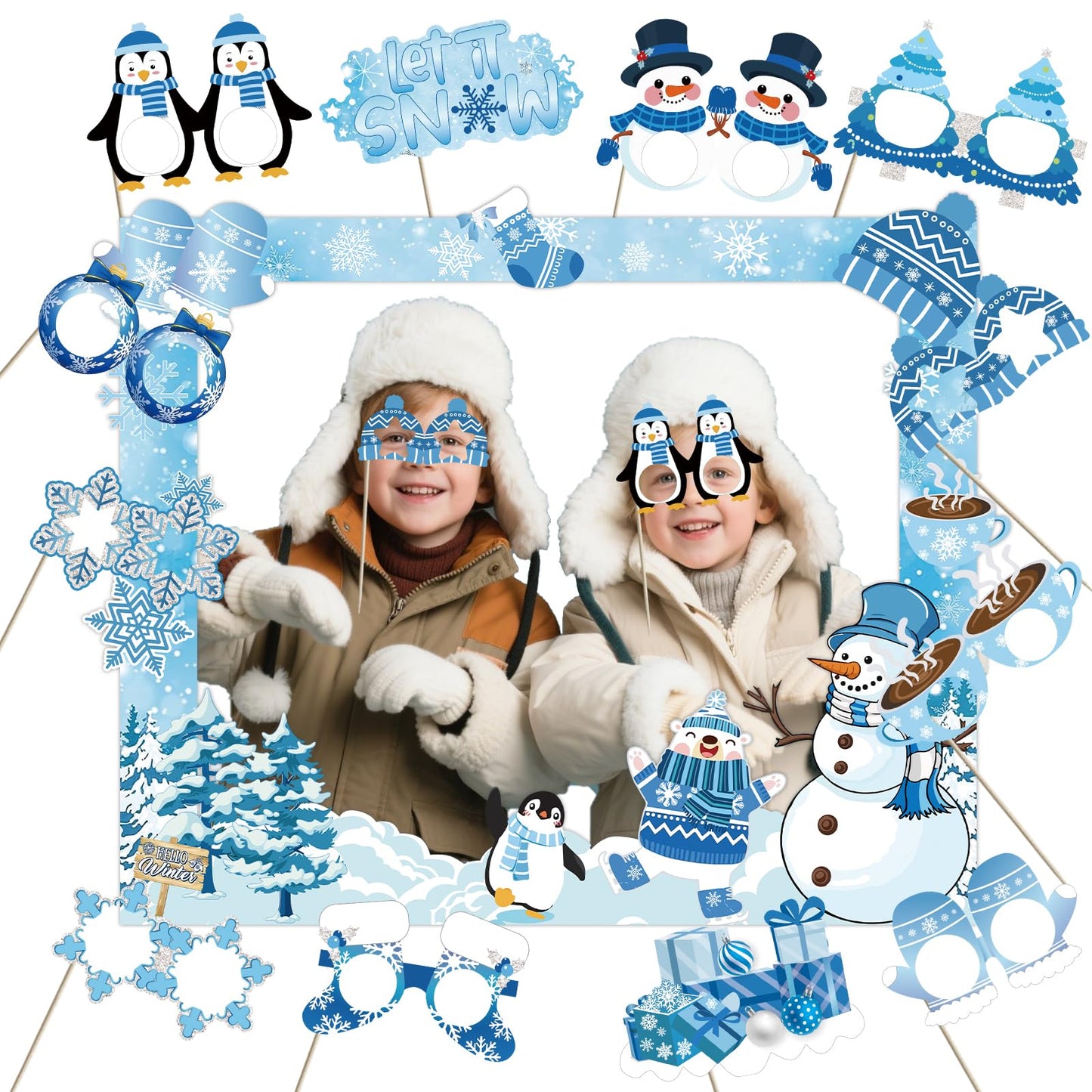 Winter Wonderland Photo Booth Props - Winter Wonderland Party Favors Winter Party Decorations Snowman Photo Booth Props for Christmas Holiday Baby Shower Birthday Supplies
