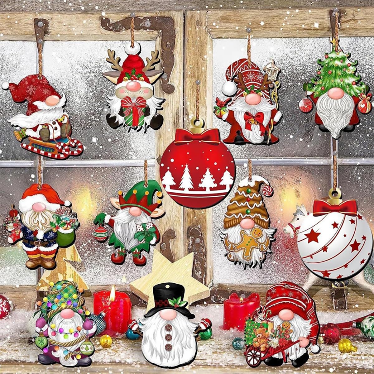 24Pcs Christmas Tree Decorations Set Christmas Dwarf Wooden Hanging Ornaments Red Christmas Ball Design Christmas Ornaments for Tree Winter Home Decoration Holiday Party DIY Crafts