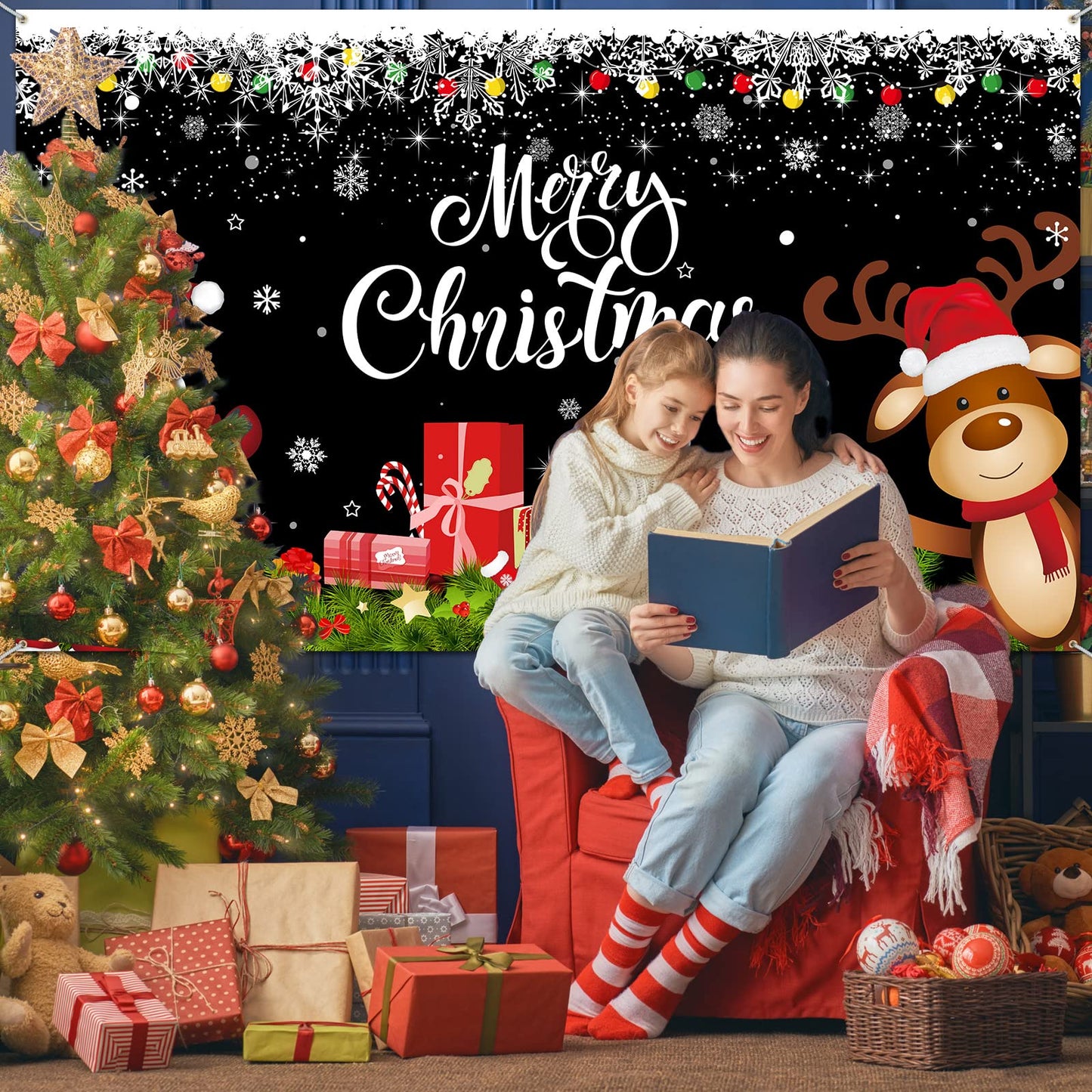 Irenare Christmas Banner Backdrop, Black Santa Claus Reindeer Merry Christmas Banner 72.8 X 43.3 Inch Indoor for Xmas Holiday Party Photo Booth Photography Wall Hanging Decor