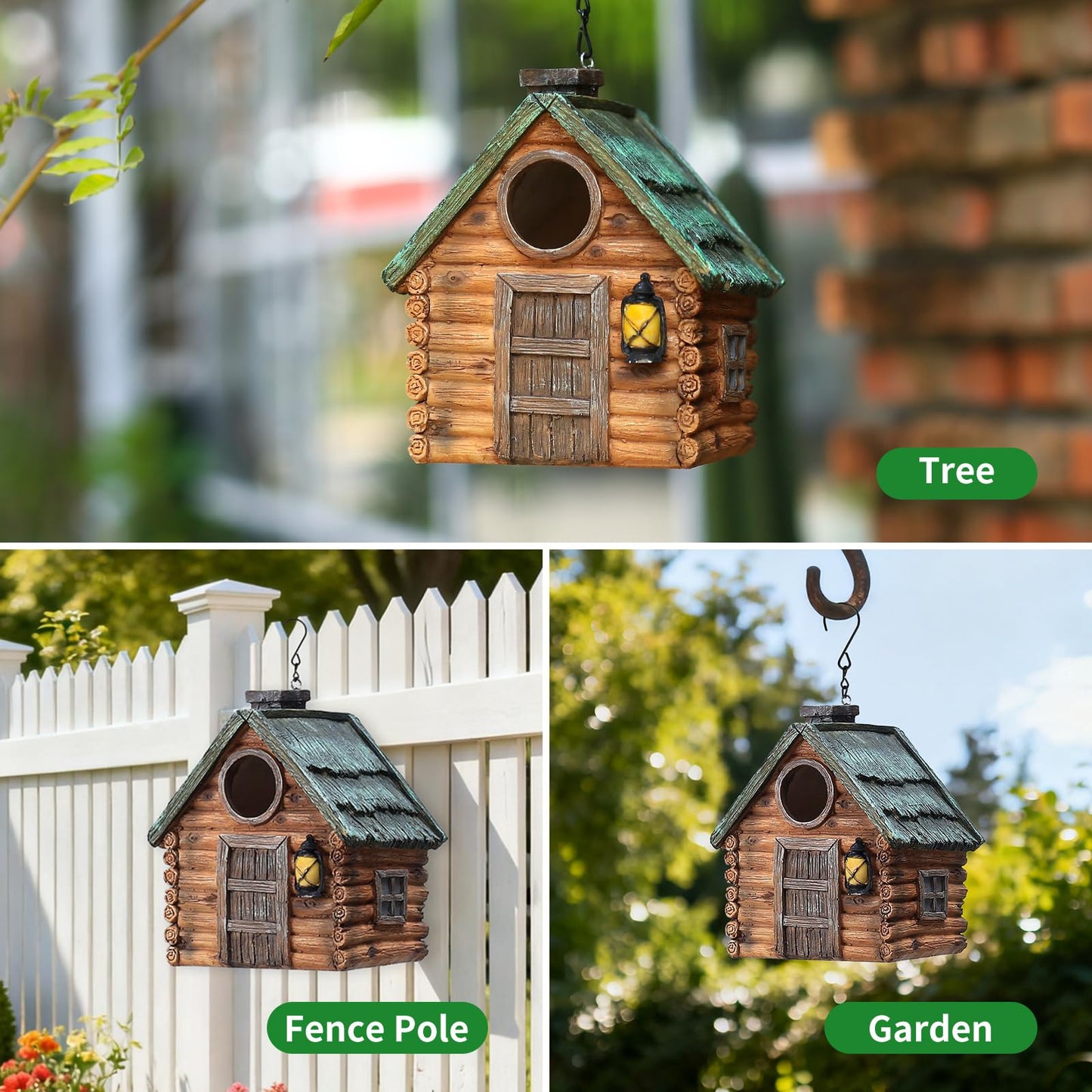Bird Houses for Outside Real Wood-Look Resin Bird House with Hanging Chain – Waterproof & Durable Forest Birdhouses for Outdoors for Bluebird Finches Cardinals Bird Nesting Garden, Patio, Yard