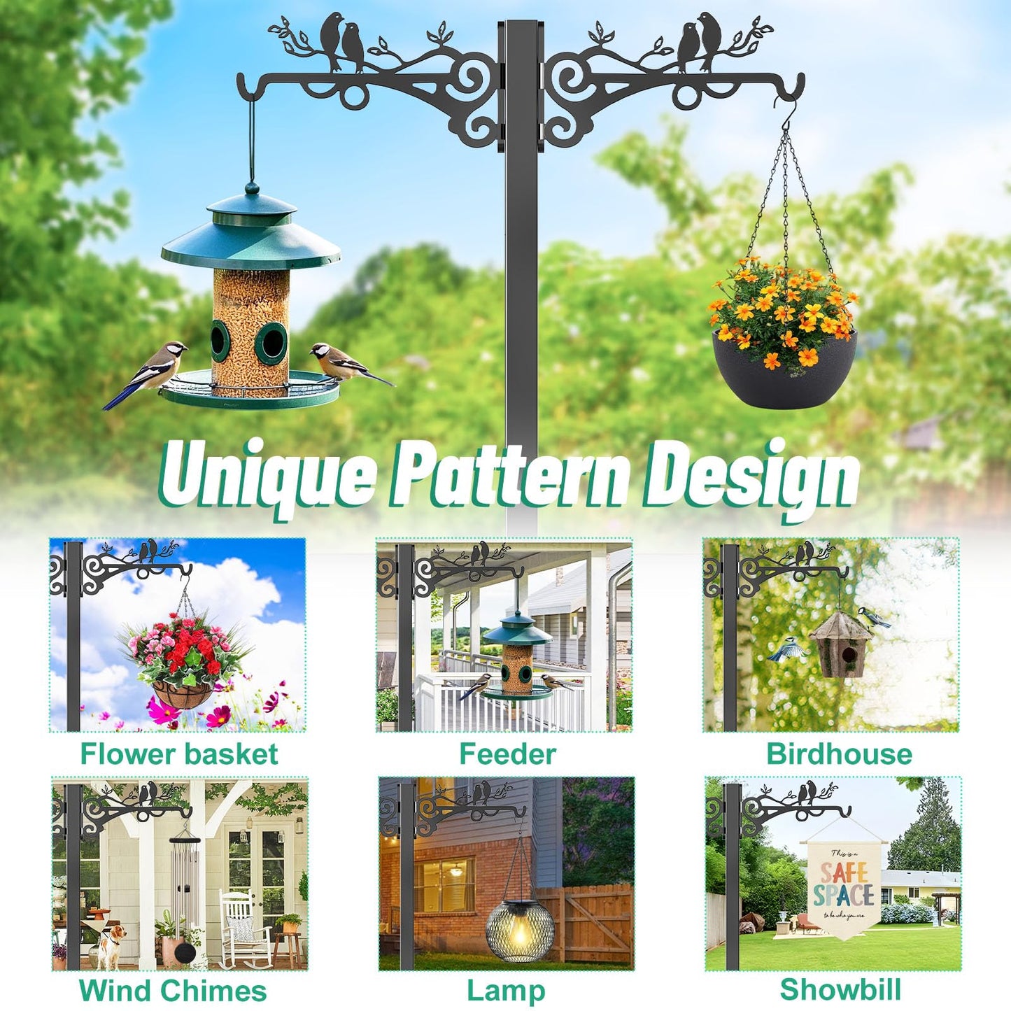 ODSNANIE Garden Hose Holder for Outside,Water Hose Holders with 2 Bird Statue Shepherds Hooks & 5 Spikes,Double-Sided Freestanding Hose Stand Heavy Duty Hose Storage Rack for Outdoor Yard Lawn Farm