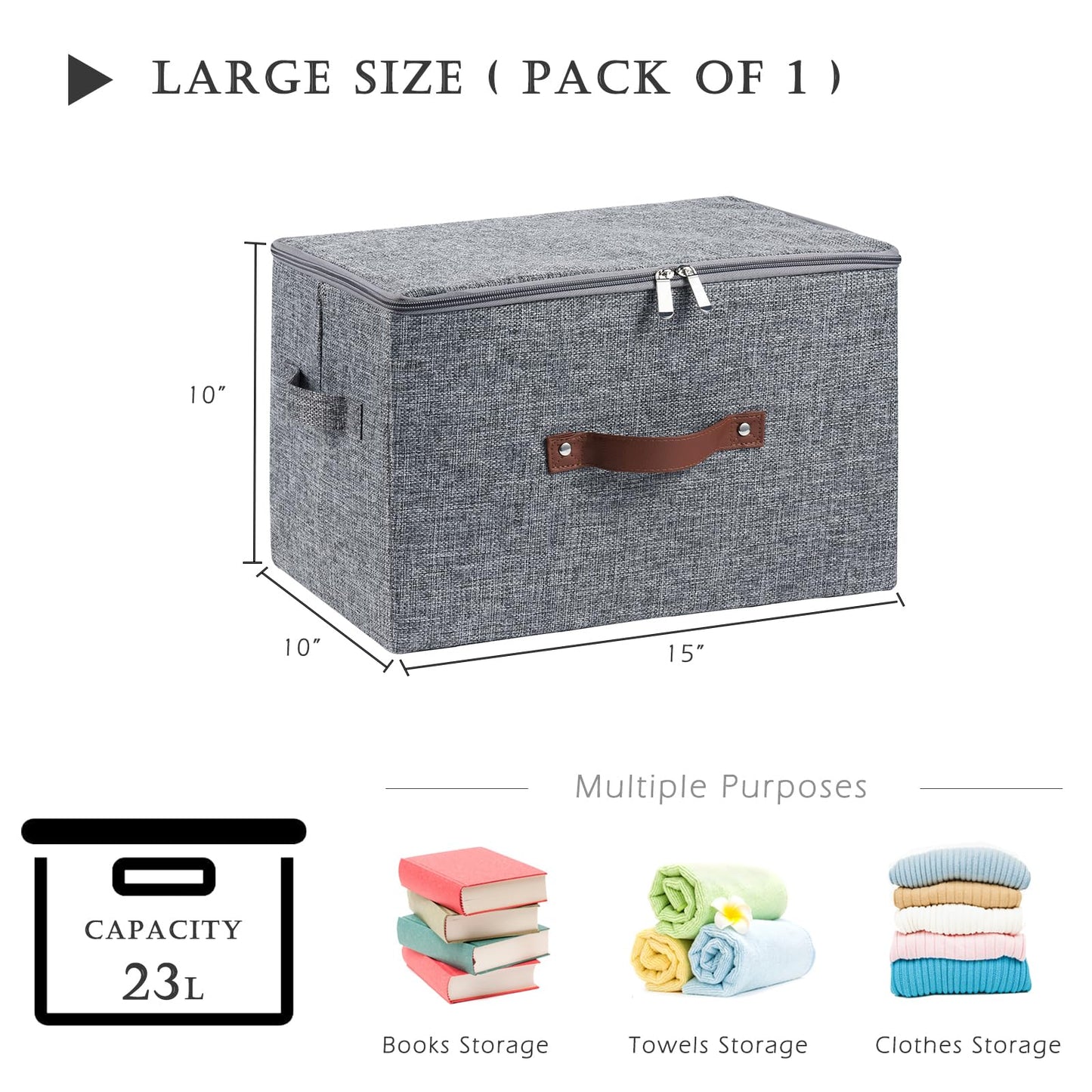 VinneGenzz Storage Bins with Zipper Lid Cotton Linen Fabric Lidded Storage Baskets Boxes Foldable Washable Closet Shelf Clothes Organizer Container with PU Leather Handles (Gray, Large Size)