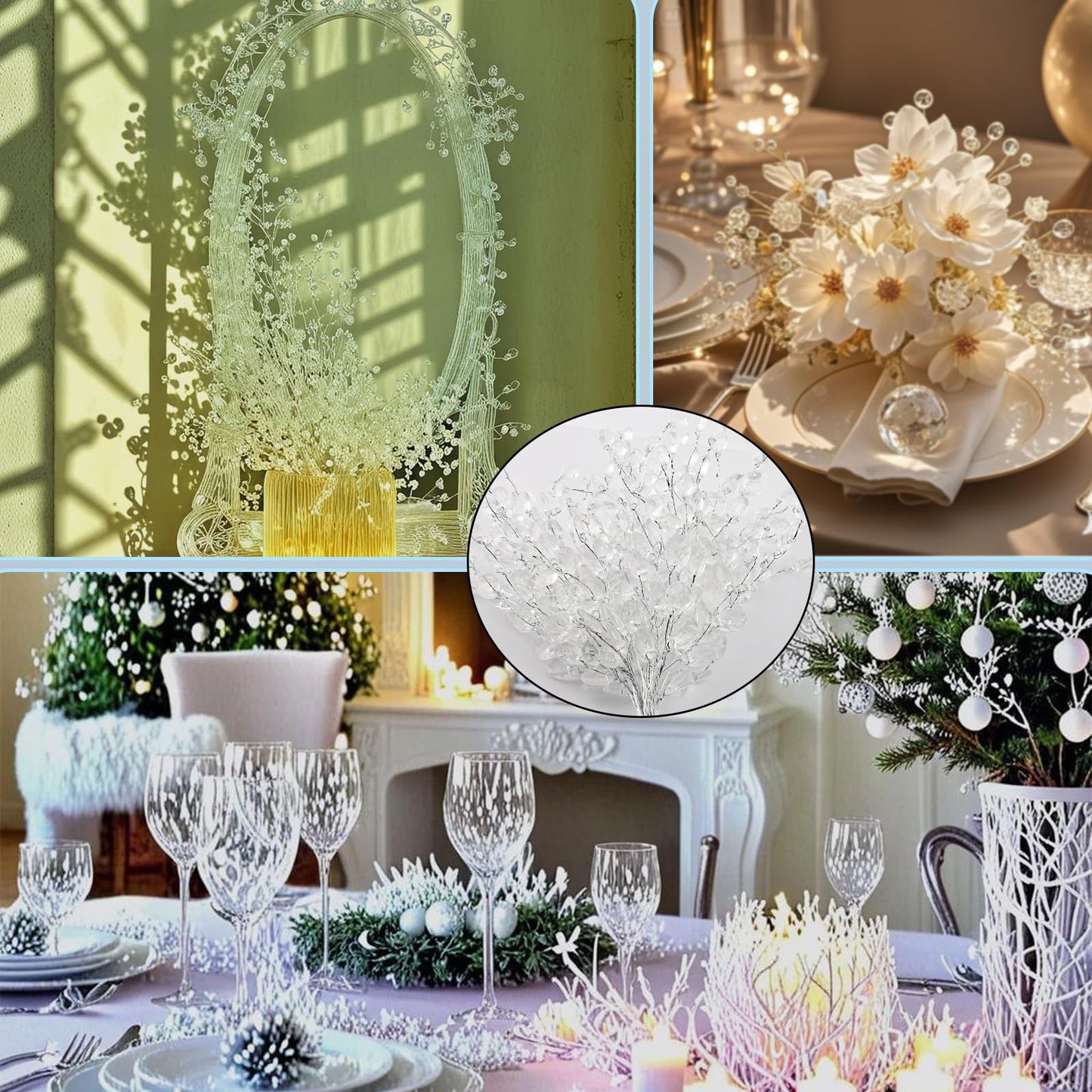 20PCS Acrylic Crystal Flower Branches – Clear Artificial Bead Drop Bouquets, Glitter Floral Acrylic Picks Arrangement for Wedding, Christmas, Thanksgiving & Home/Office Table Top Decoration – Clear