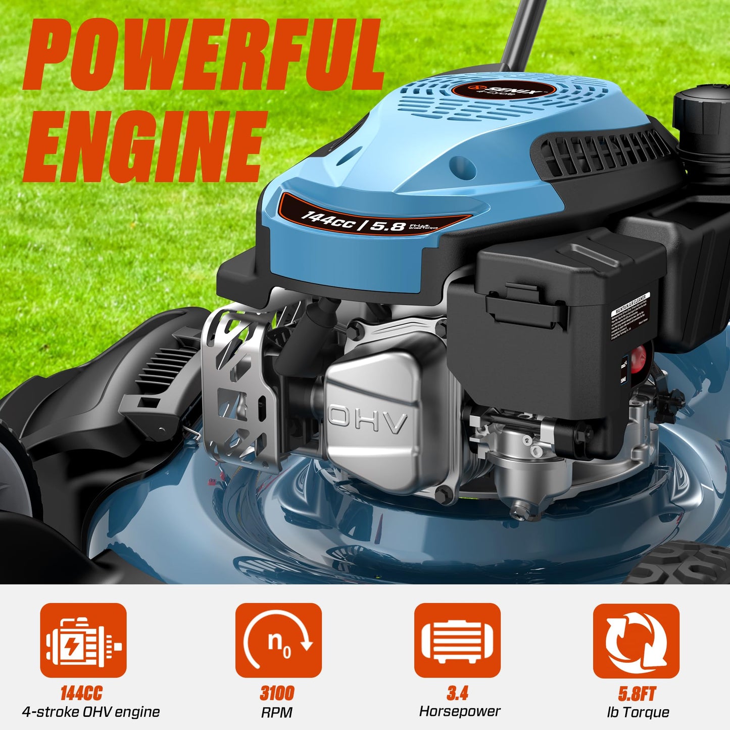 SENIX 21-Inch Gas Lawn Mower, 144cc 4-Cycle Engine, 2-in-1 Mulching & Side Discharge, 6-Position Height Adjustment, Push Walk-Behind Mower for Residential Yard & Garden