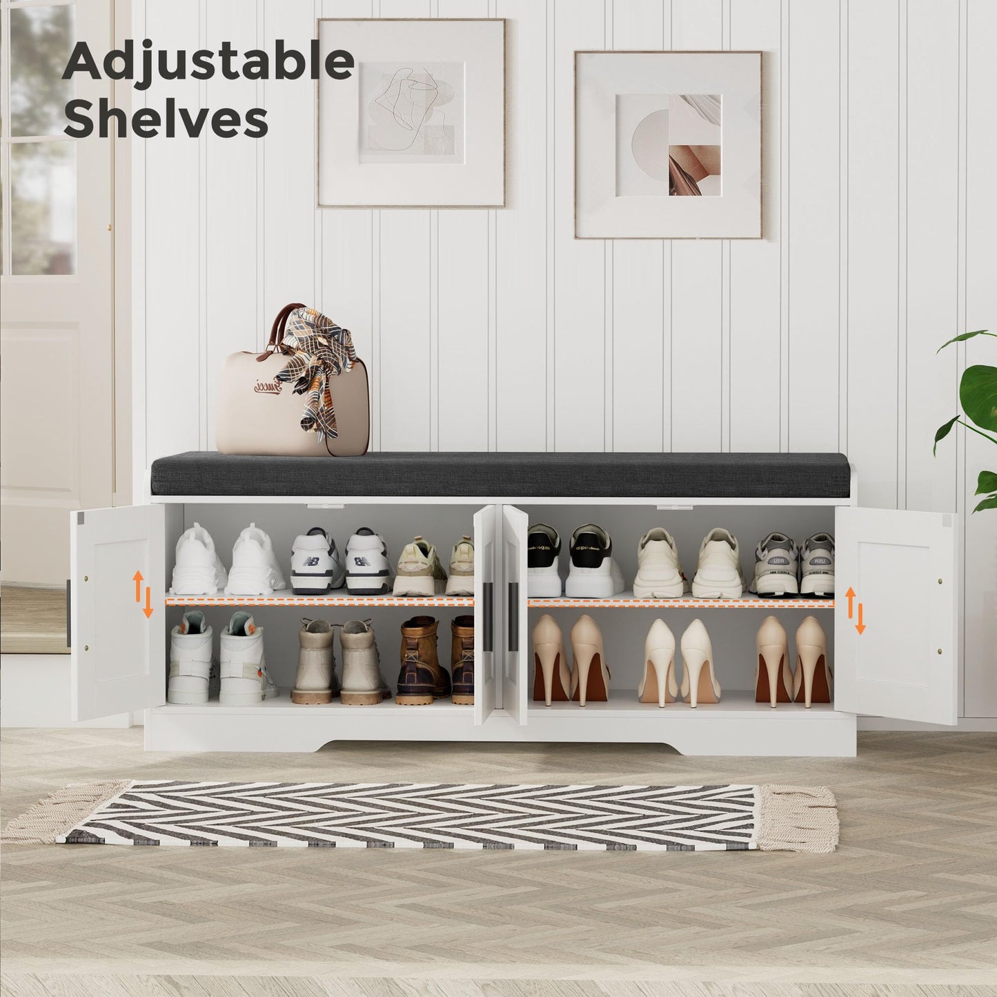 Homleke 2-Tier Storage Bench, Shoe Bench with Thickened Padded Seat Cushion, Entryway Bench with 4 Doors, Adjustable Shelf, 13.8" D x 45.3" W x 18.5" H, for Entryway, Living Room, Bedroom, White