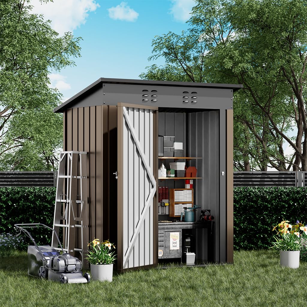COMHOMA Shed Outdoor Storage Shed Metal,Lockable Doors Tool Sheds with Sloping Roof,Steel Garden Shed with Air Vent for Backyard,Patio,Lawn,Poolside(Brown,5'*3')