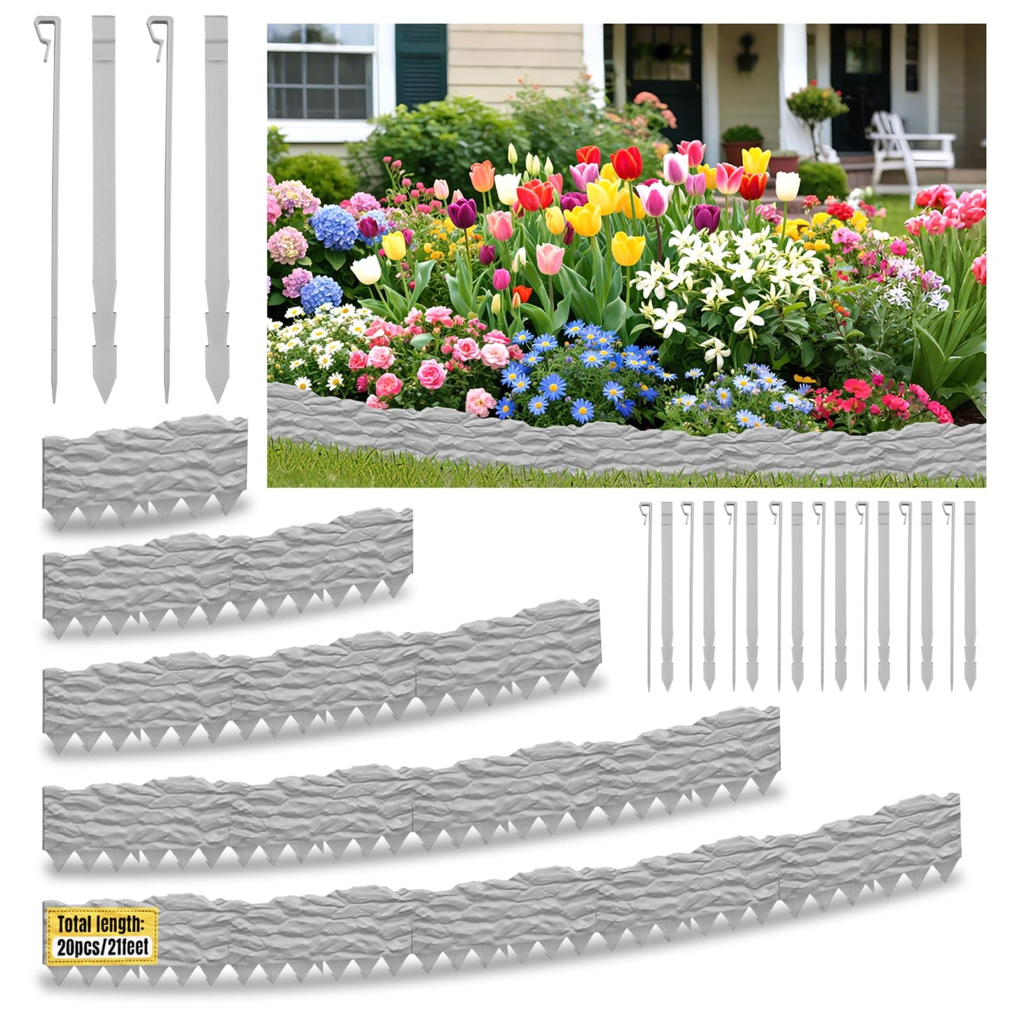 20-Pack No Dig Garden Edging Borders,20FT Plastic Lawn Edging with Spikes & Stone Texture - Easy Interlocking Landscape Edging for Yard, Flower Bed, Driveway, Heavy-Duty & Easy Install
