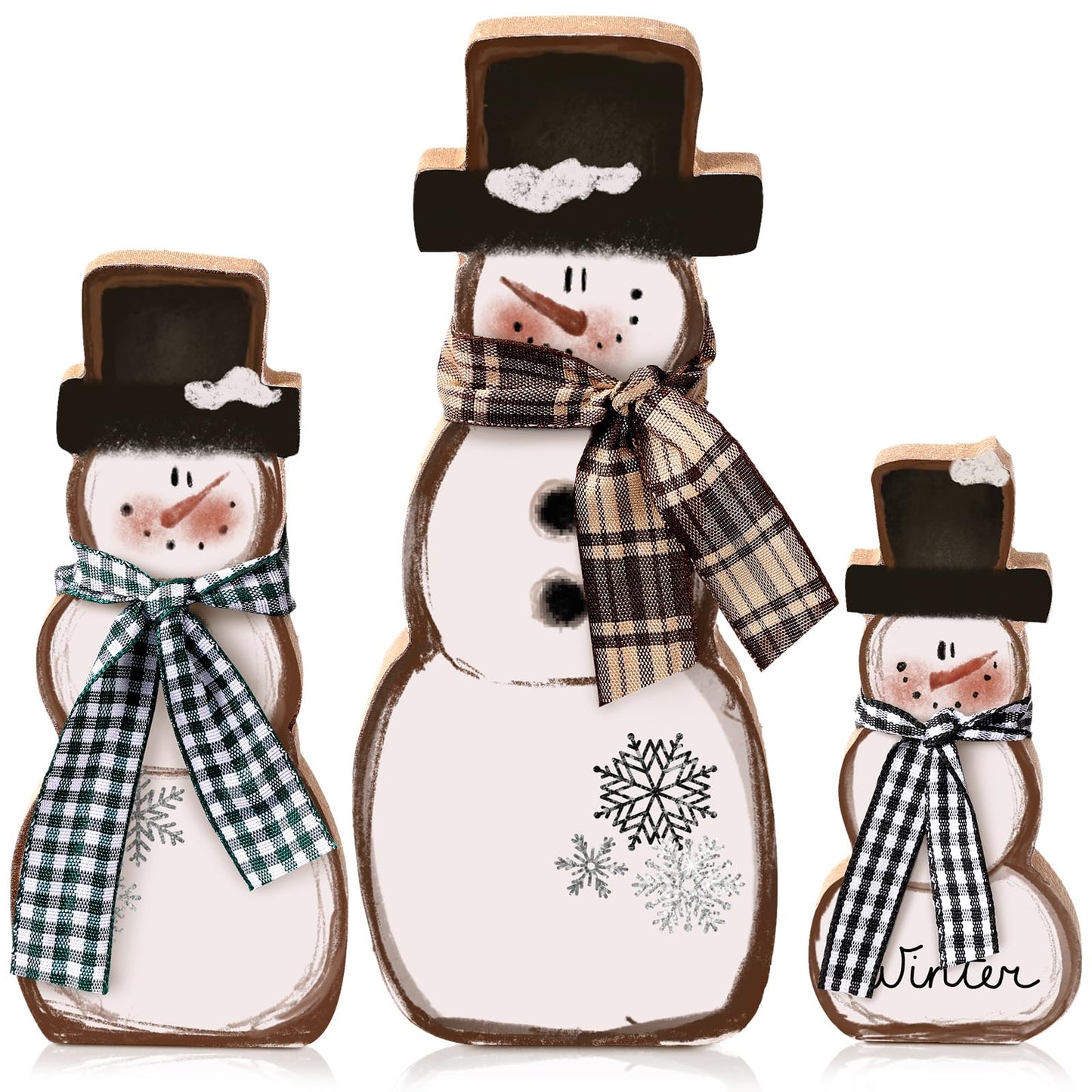 Suzile 3 Pcs Winter Table Decorations Wooden Centerpiece Block Signs Tiered Tray Desktop Figurine for Indoor Fireplace Mantel Home Decor Holiday Xmas(Brown,Snowman)