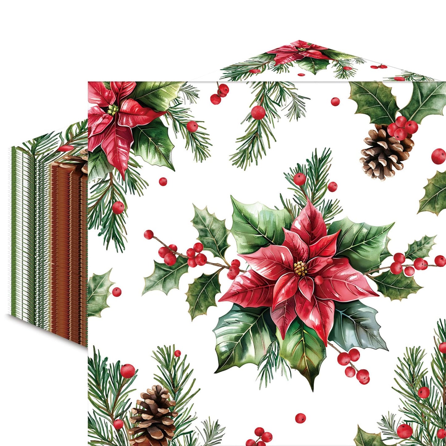 50 Pcs Christmas Poinsettia Paper Napkins, Disposable Holiday Cocktail Napkin with Red Flower, Holly, Pinecone, and Berry Design for Xmas Dinner, Winter Birthdays, Weddings, Seasonal Table Decorations