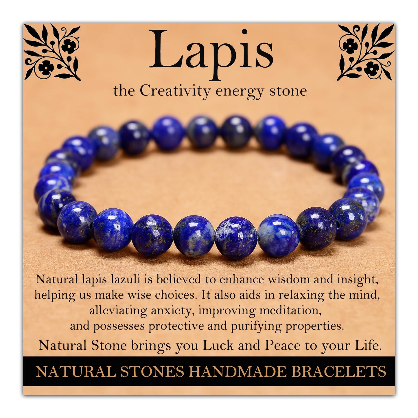 Handmade Natural Gemstone Elastic Bracelet - Healing Crystal Beads Jewelry, Unisex (Lapis Lazuli, 8mm)