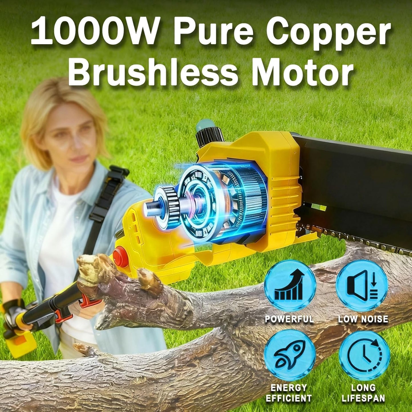 2-in-1 Cordless Pole Saw for Tree Trimming, Brushless Electric 8-Inch Mini Chainsaw with 2 x 4000mAh Battery Powered, Angle Adjustable / 16-Foot MAX Extension Pole, Branch Cutter Pruner