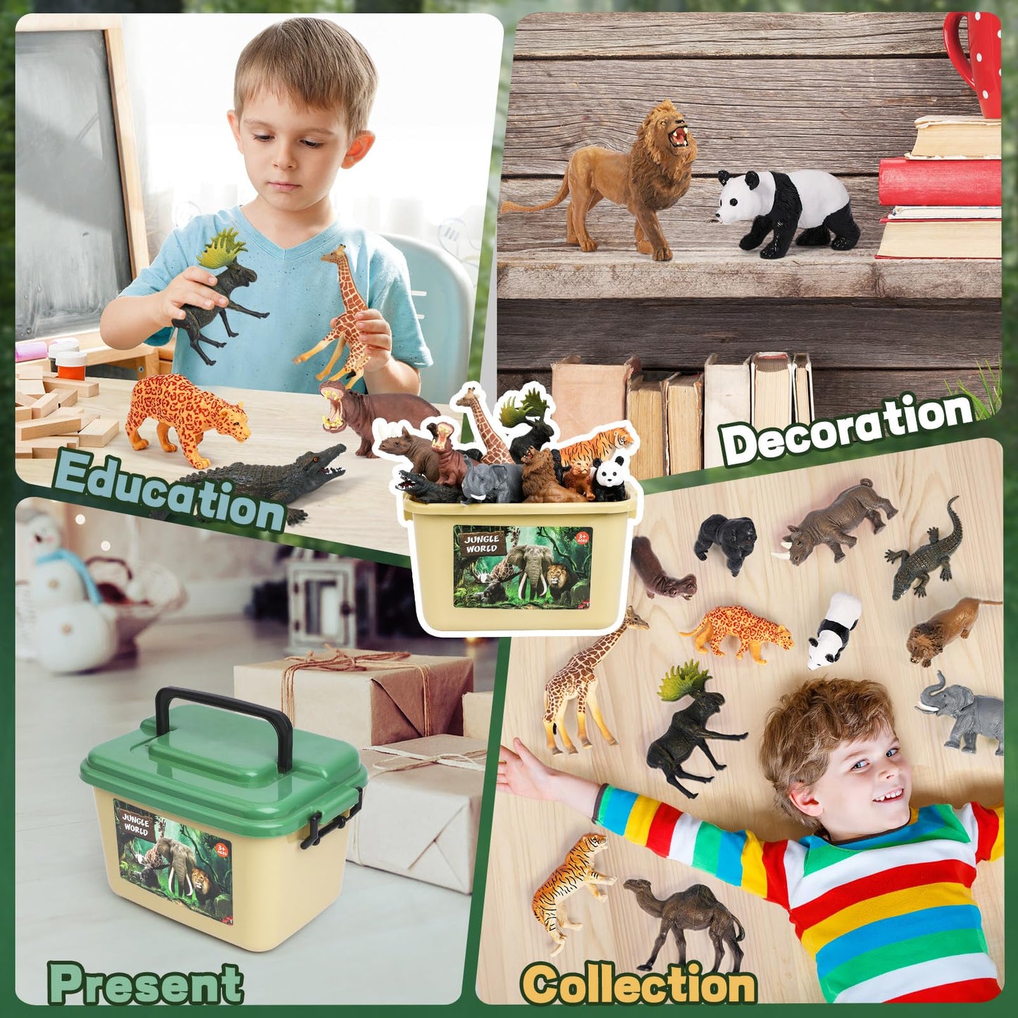 FRUSE Safari Animals Figures Toys w/ 57”x38.5”Jumbo Play Mat,12PCS Realistic Jungle Wild Zoo Animals Figurines Playset with Panda,Lion,Elephant,Educational Learning Toys for Toddlers Kids