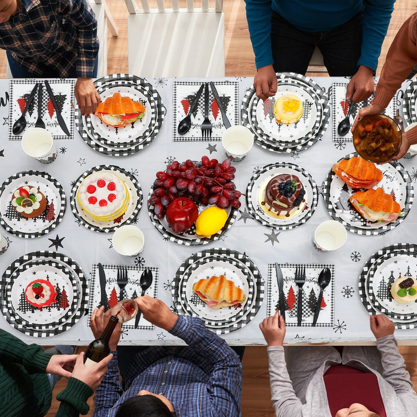 Funnymoom 452 Pcs Christmas Tree Party Supplies for 50, Black Buffalo Plaid Gingham Christmas Paper Plates Napkins Cups Tablecloth Cutlery Straws Tableware Set for Xmas Holiday Party Decorations